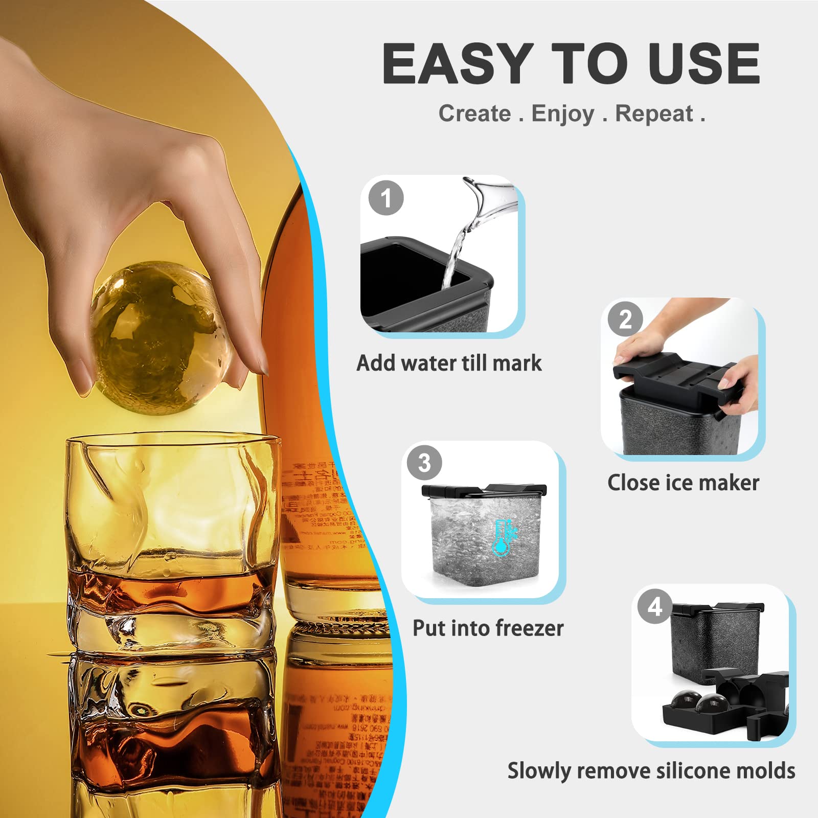 Ticent 2.4 Inch Clear Ice Ball Maker Mold - Large Whiskey Ice Ball Maker for Crystal Clear Sphere Ice Cubes - Perfect for Cocktails, Bourbon, Brandy & Home Bar Accessories - Ideal for Parties, Gifts & Whiskey Enthusiasts