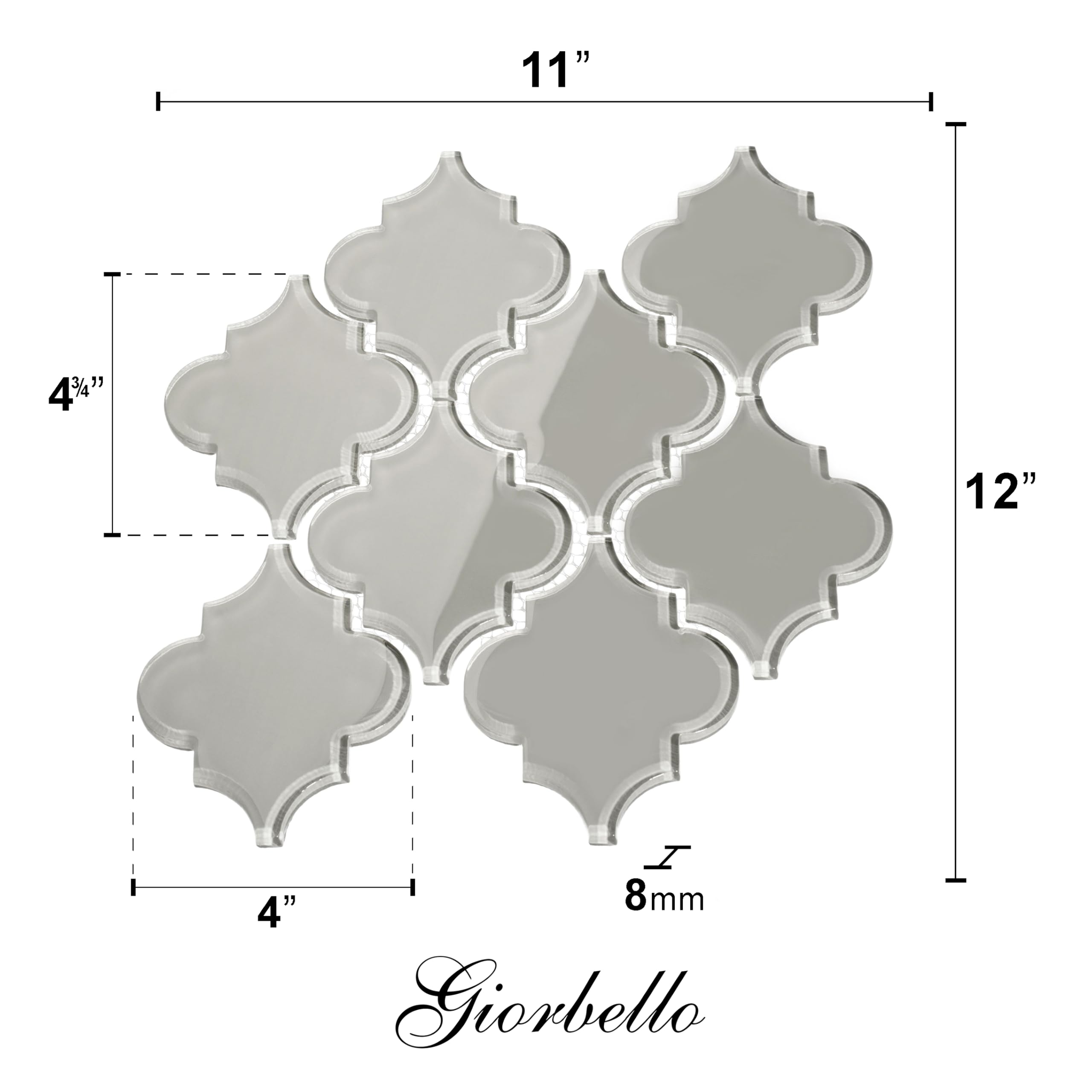 Giorbello Glass Arabesque Tile - 11 Sheets (Case), Light Gray - Peel and Stick Backsplash for Kitchen, Bathroom & Home Decor