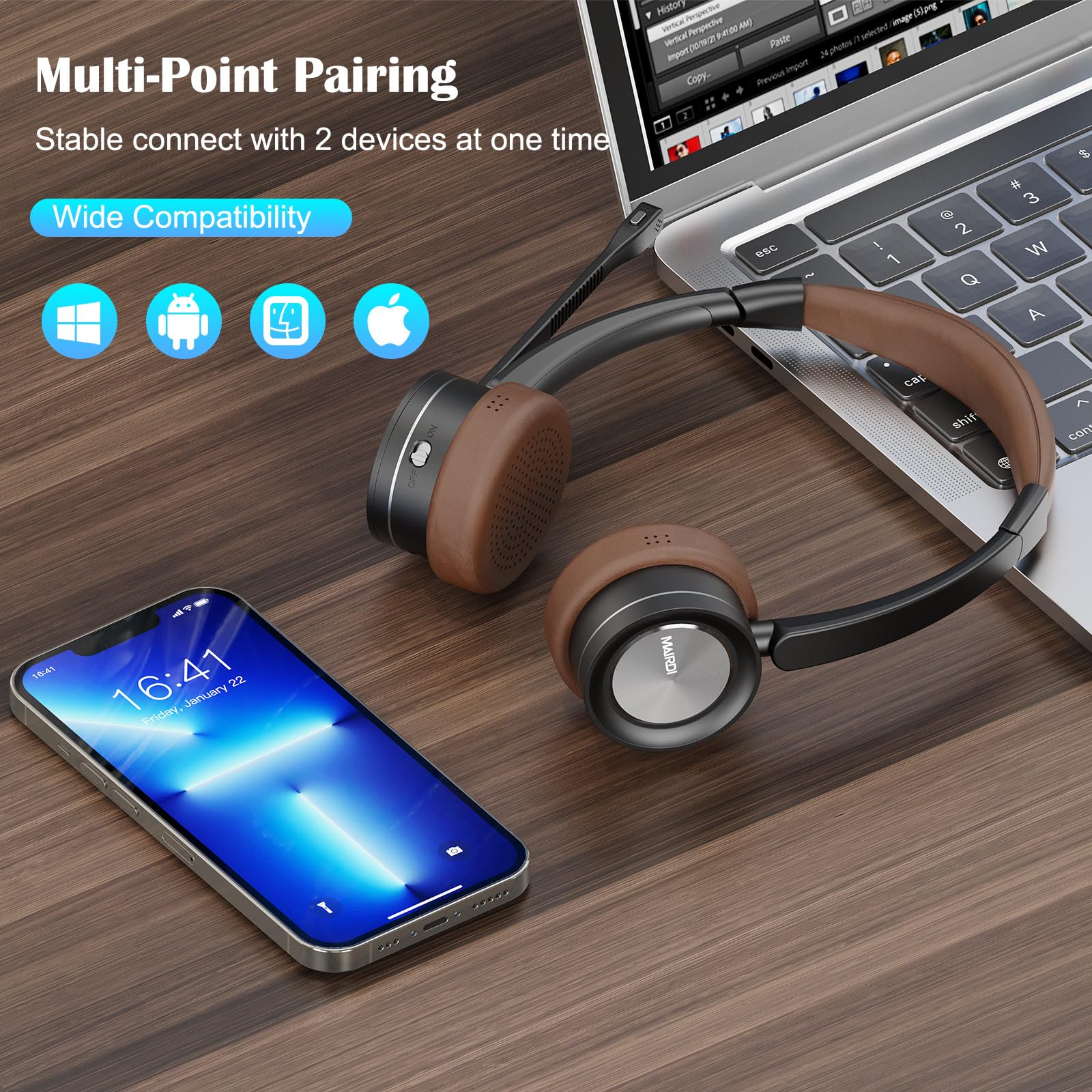MAIRDI Wireless Bluetooth Headset with Noise Cancelling Microphone - Dual Connectivity 5.1 Multipoint Headphones for Truckers, Office Work, PC, Cell Phone - Perfect for Teams Calls, Home Office & Long-Distance Driving