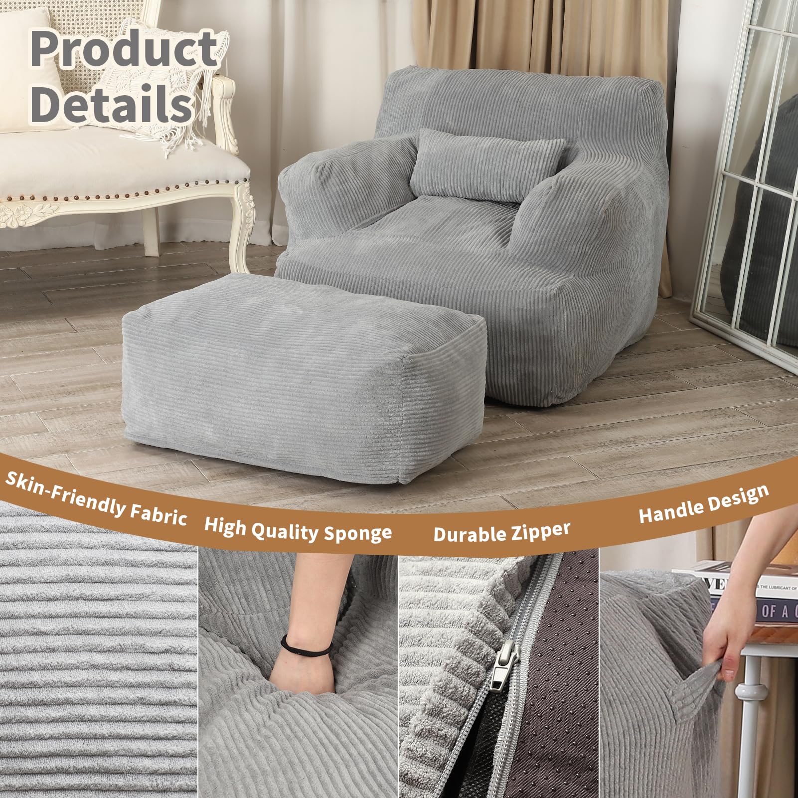 Large Bean Bag Chairs for Adults - Oversized Bean Bag Sofa with Ottoman, Comfy Reading Chair for Dorm, Living Room & Bedroom - Light Grey - Perfect for Relaxing, Gaming & Movie Nights