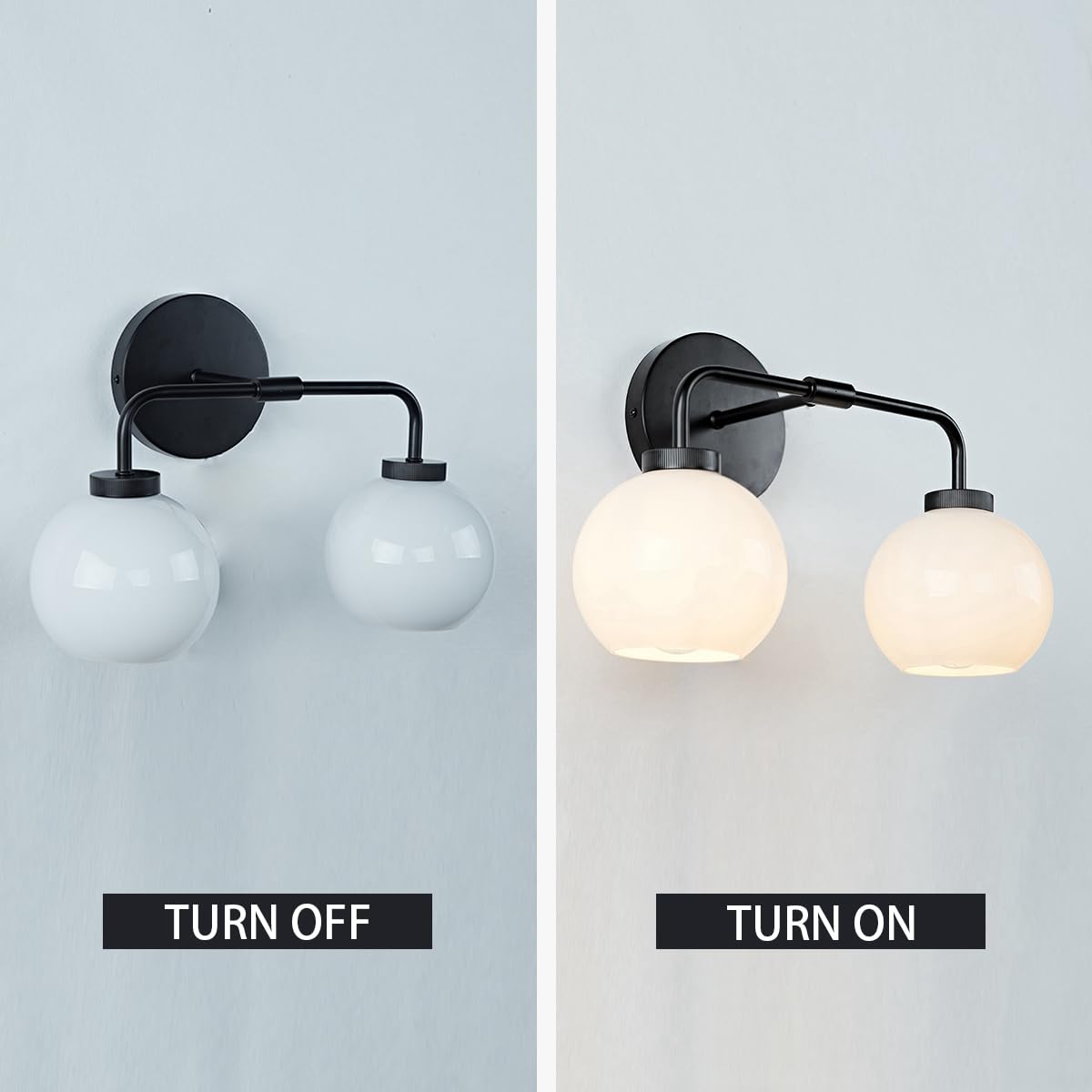 17 Inch Modern Glass Globe Double Sconce Wall Light - Matte Black Metal Finish with Hand-Polished Milky Glass Shade - Elegant Vanity Lighting for Bedroom, Bathroom & Over Mirror - Perfect for Indoor Home Decor & Ambient Lighting
