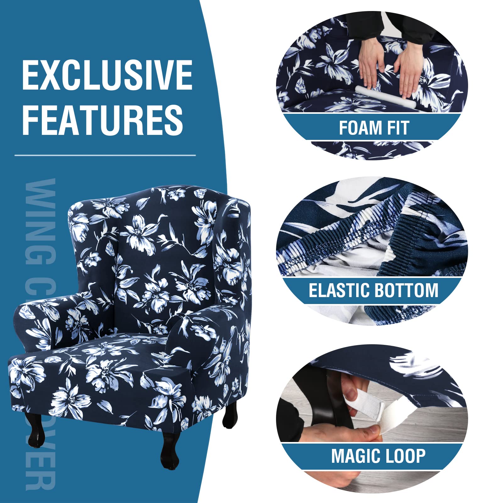 Floral Printed Wingback Chair Slipcover - Super Stretch Modern Style Wing Chair Cover with Elastic Bottom - 1-Piece Furniture Protector for Living Room, Bedroom, Office (Navy Blue)