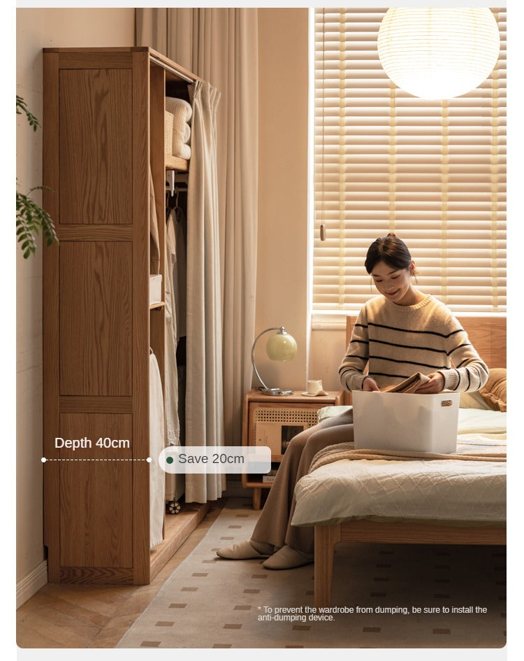 Solid Oak Wood Wardrobe with Thin Fabric Curtain - Stylish Closet Organizer for Bedroom, Living Room & Dorm Storage