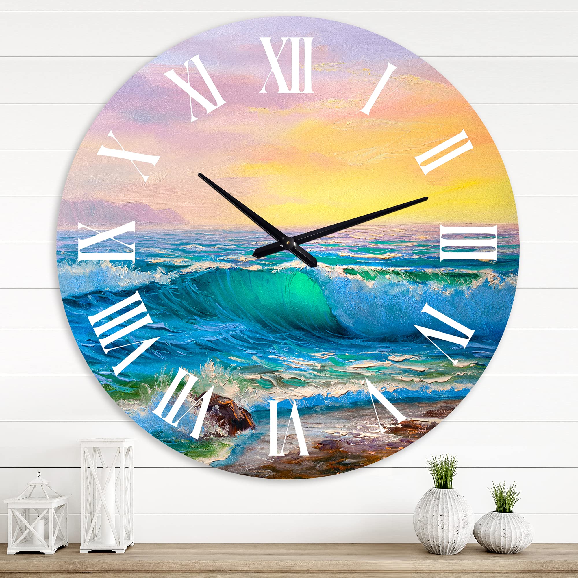DesignQ Nautical Coastal Wall Clock - Blue Waves Beach Round Clock for Bedroom, Living Room & Office Decor | Perfect for Coastal, Beach House & Boho Home Decor