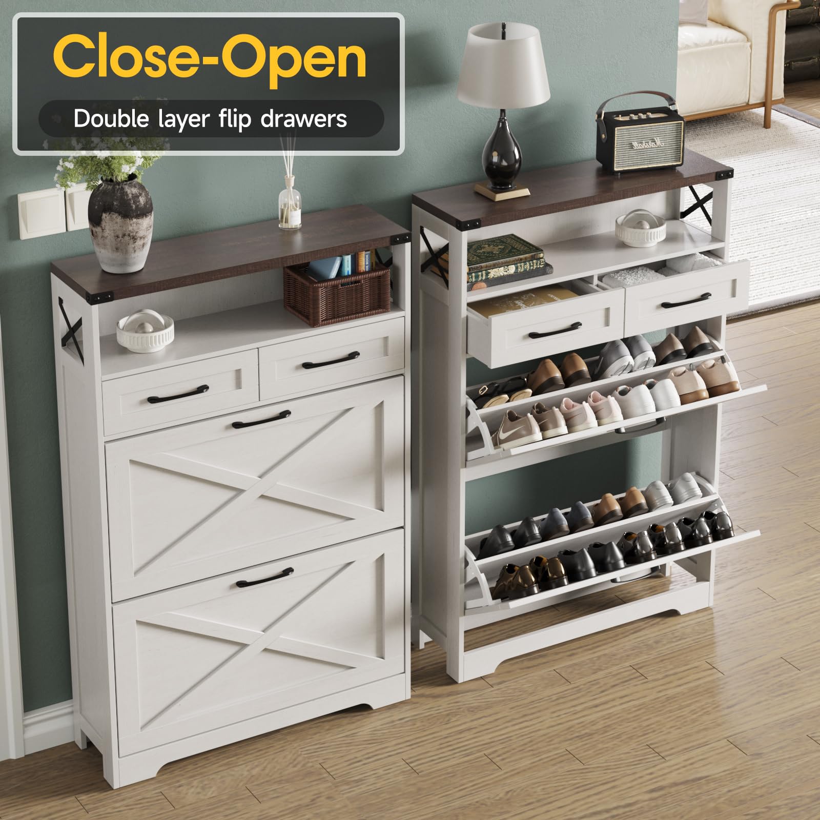 Maupvit Farmhouse Shoe Storage Cabinet - 2 Flip Drawers & 2 Drawers with Doors and Shelves - Entryway Shoe Organizer for Front Door - Narrow Shoe Rack for Small Spaces - Perfect for Hallway, Closet or Mudroom Organization - White