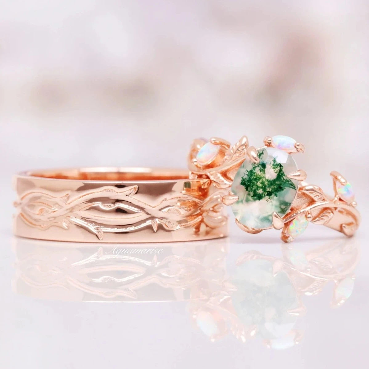 Moss Agate and Opal Leaf Couple Rings for Women and Men – Handmade Boho Wedding Bands, Nature-Inspired Promise Rings – Perfect for Anniversaries, Engagements, and Unique Gifts