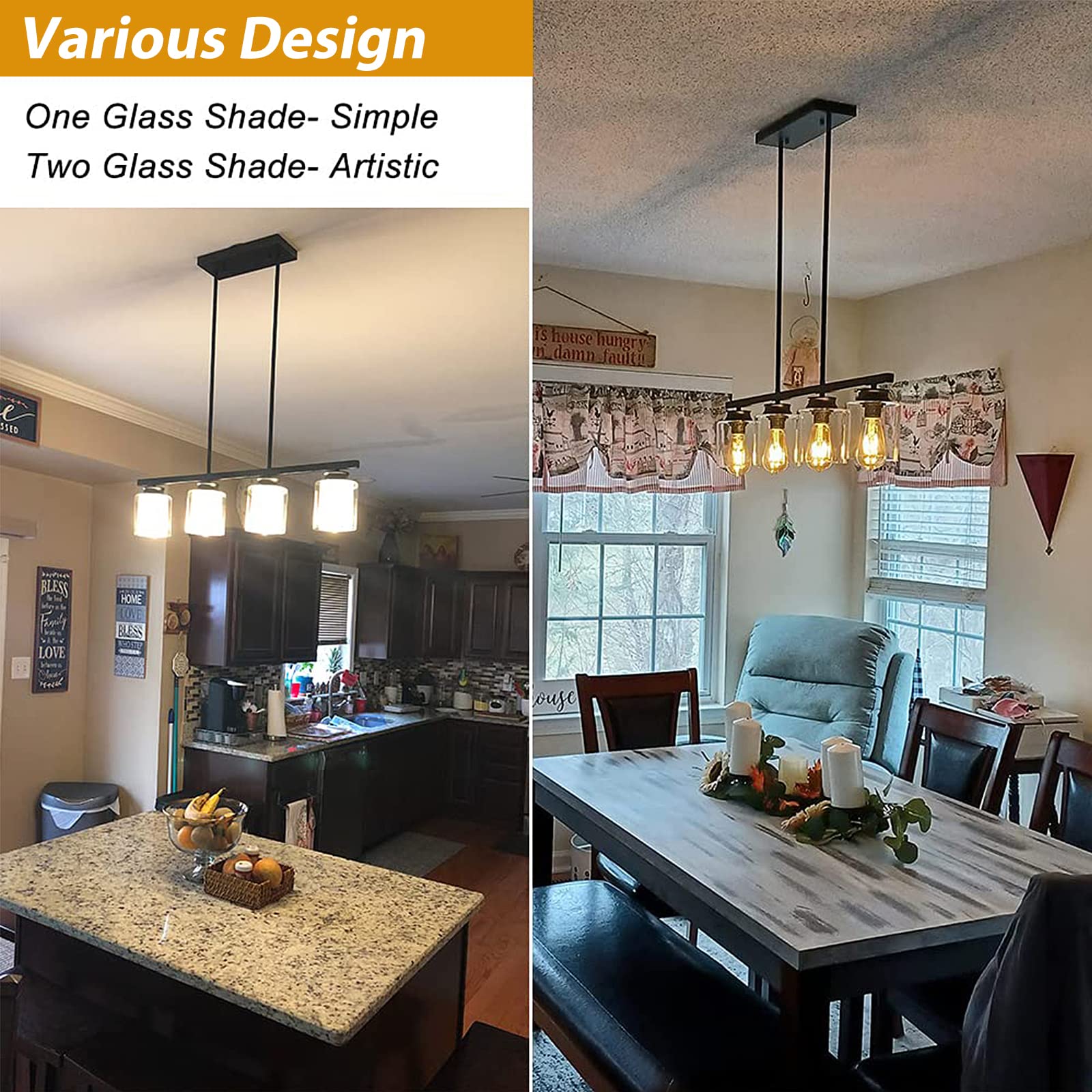 Vintage Farmhouse Pendant Light Fixture - 4-Light Metal Chandelier with Glass Shade, E26 Base - Perfect for Kitchen Island, Dining Room, Foyer, Restaurant & Bar Lighting