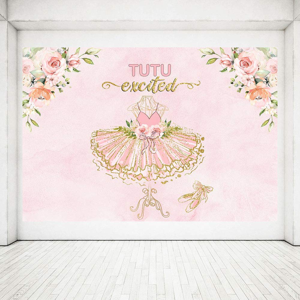 7x5ft Pink Floral Gold Glitter Ballerina Baby Shower Backdrop - Tutu Girl Birthday Party Photography Background, Cake Table Decor & Photo Booth Banner for Newborn Celebrations, 1st Birthday & Gender Reveal Parties