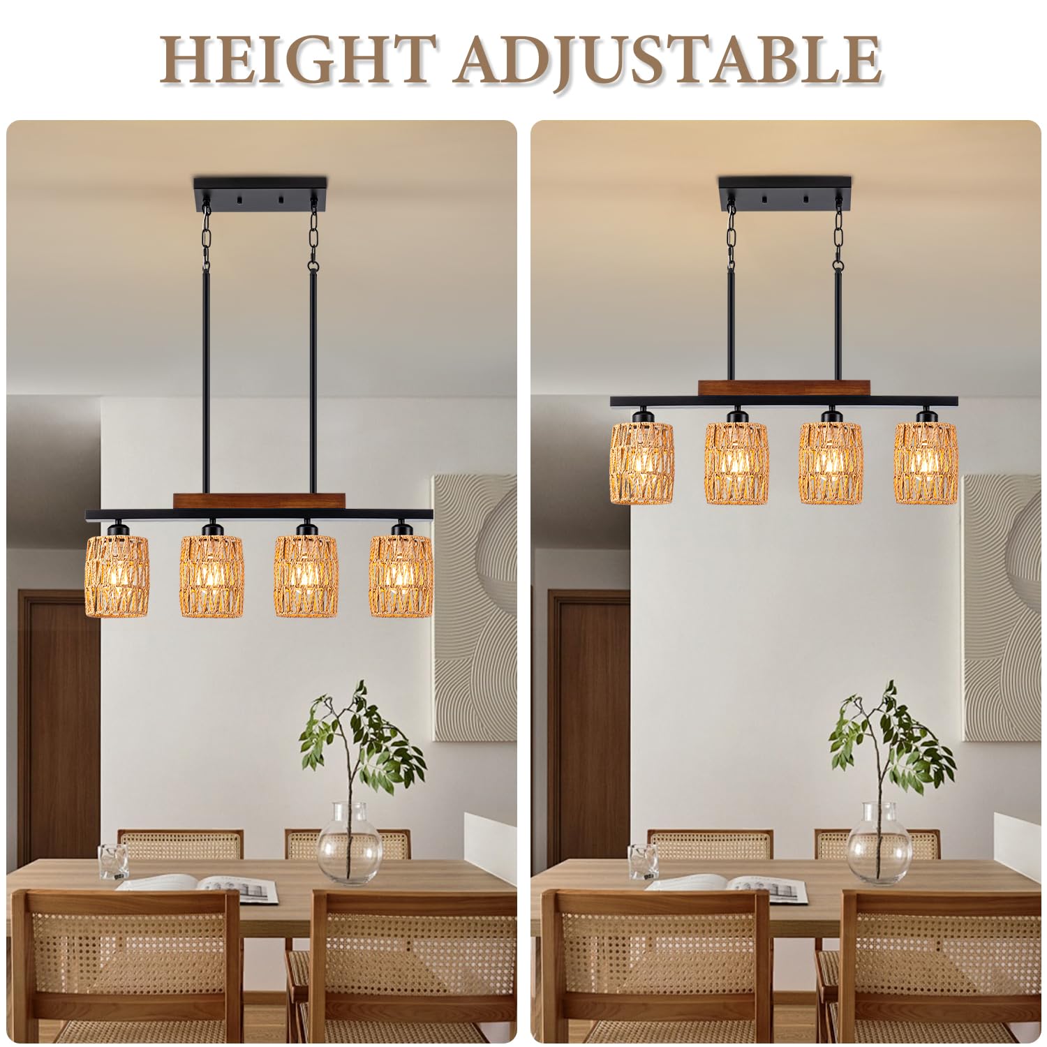 Rattan Farmhouse Chandelier - 4-Light Boho Dining Room Pendant Light with Adjustable Height, Rustic Wood & Matte Black Linear Chandelier for Kitchen Island, Dining Table | Perfect for Farmhouse Decor, Open Concept Kitchens & Cozy Breakfast Nooks