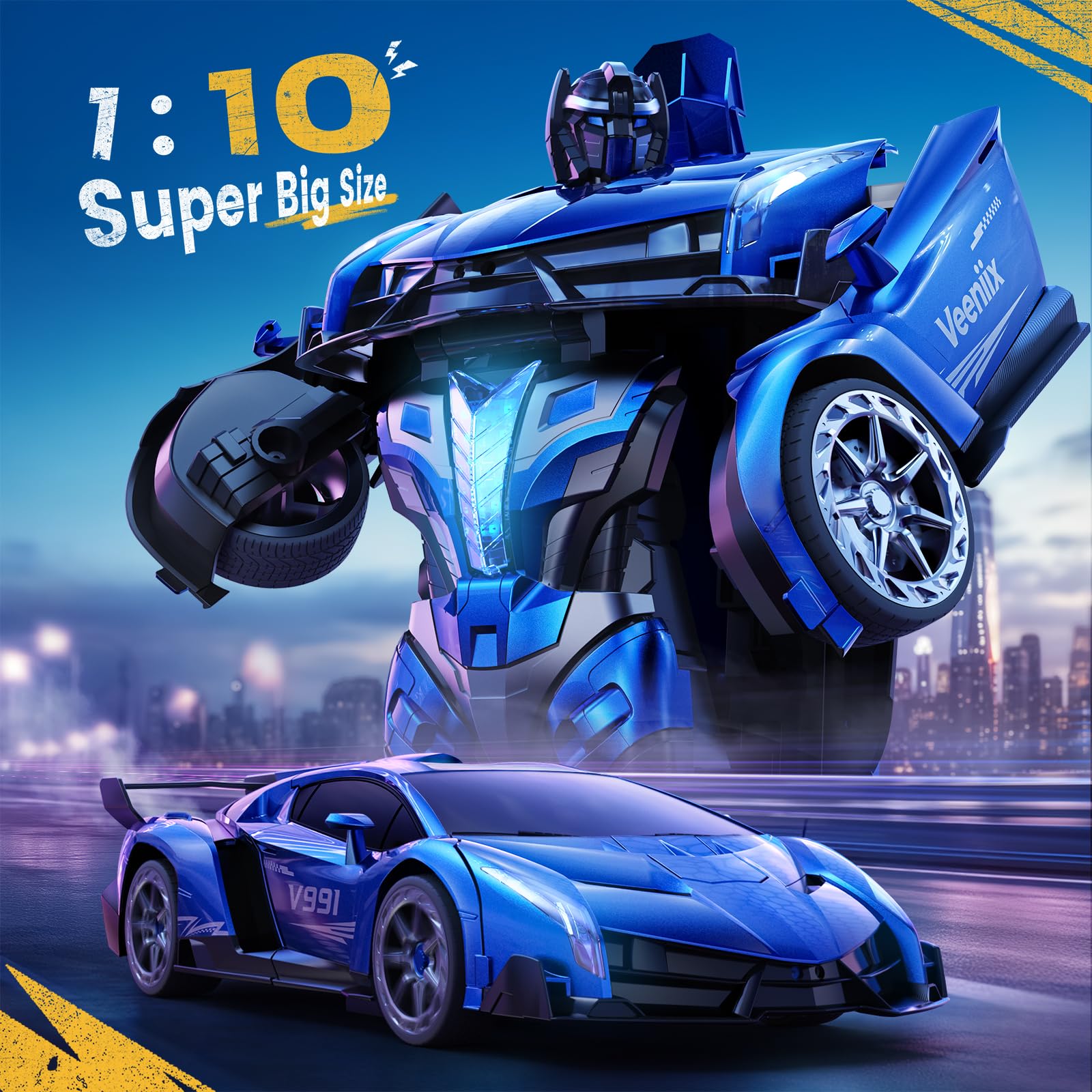 V991 1:10 Scale Transformable Remote Control Car - 2.4GHz Gesture Sensing & One-Key Deformation RC Toy with 2 Rechargeable Batteries (70 Min Playtime) - Best Robot Gift for Boys & Girls (Blue) - Perfect for Indoor Play, Outdoor Racing & STEM Learning