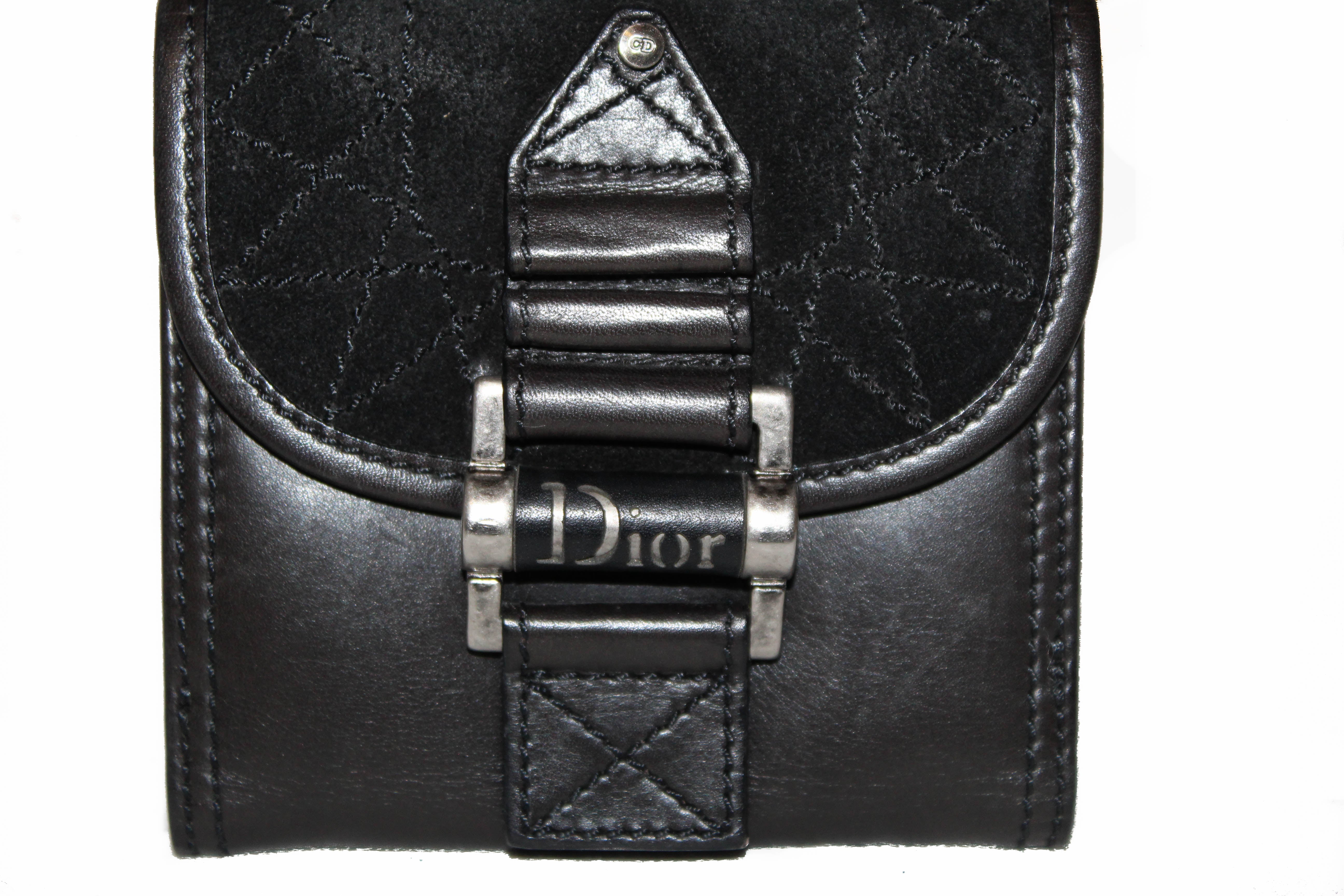 Authentic Christian Dior Black Suede & Lambskin Leather Small Wallet for Women | Luxury Designer Card Holder & Coin Purse | Perfect for Everyday Use, Gifts & Special Occasions