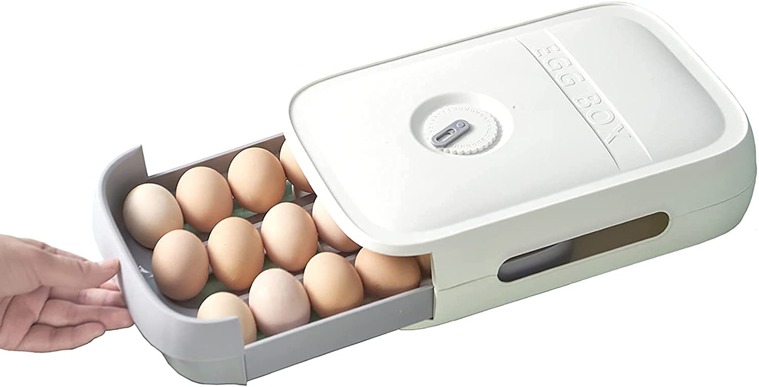 Plastic Egg Storage Box with Lid - Kitchen & Fridge Organizer for Eggs (White)