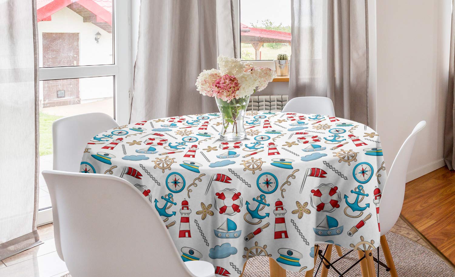 Ambesonne Nautical Themed Round Tablecloth - 60 Inch White & Multicolor Sea Lighthouse Anchor Design - Waterproof Dining Table Cover for Kitchen, Restaurant, and Outdoor Party Decor