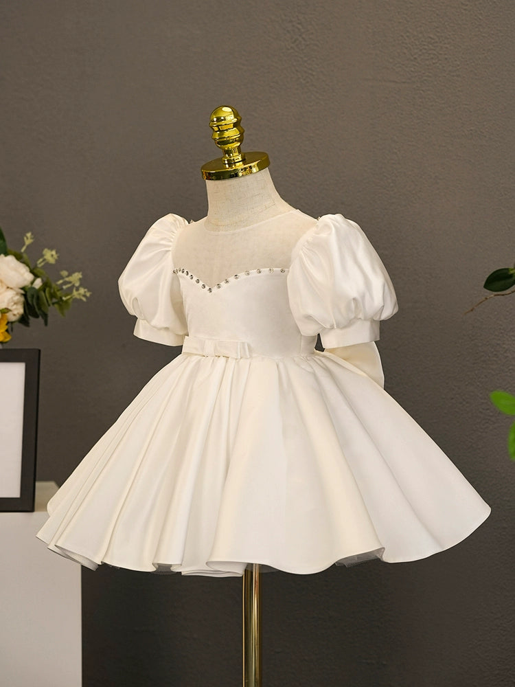 White Princess Sweetheart Tea Length Satin Flower Girl Dress for Weddings, Birthday Parties & Special Occasions