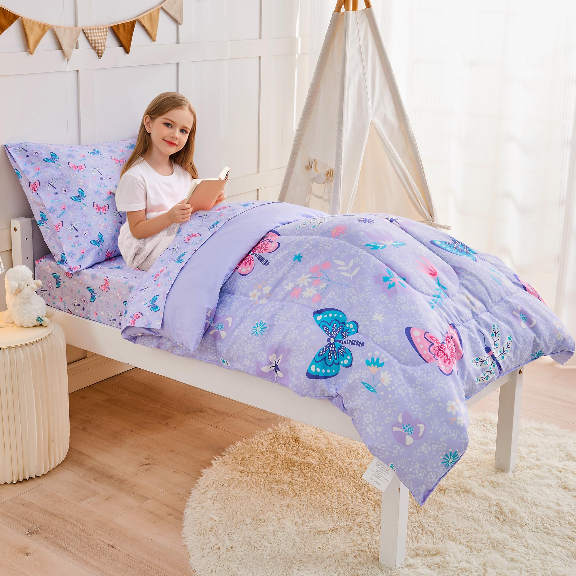 Butterfly Toddler Bedding Set for Girls - 4 Piece Bed-in-a-Bag Comforter Set with Super Soft Microfiber Sheets | Nursery Decor & Toddler Room Essentials for Sweet Dreams