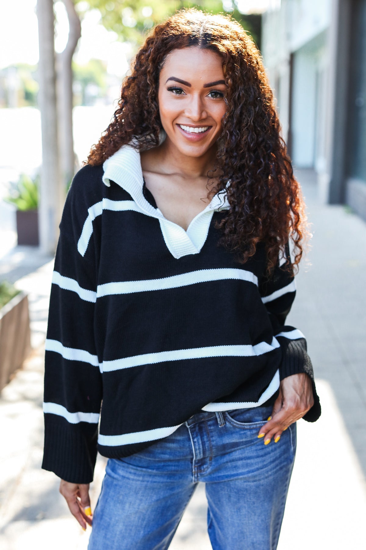 Fall For You Black Stripe Notched Neck Collared Oversized Sweater | Women's Chunky Knit Pullover | Cozy Winter Fashion for Casual Outings & Date Nights