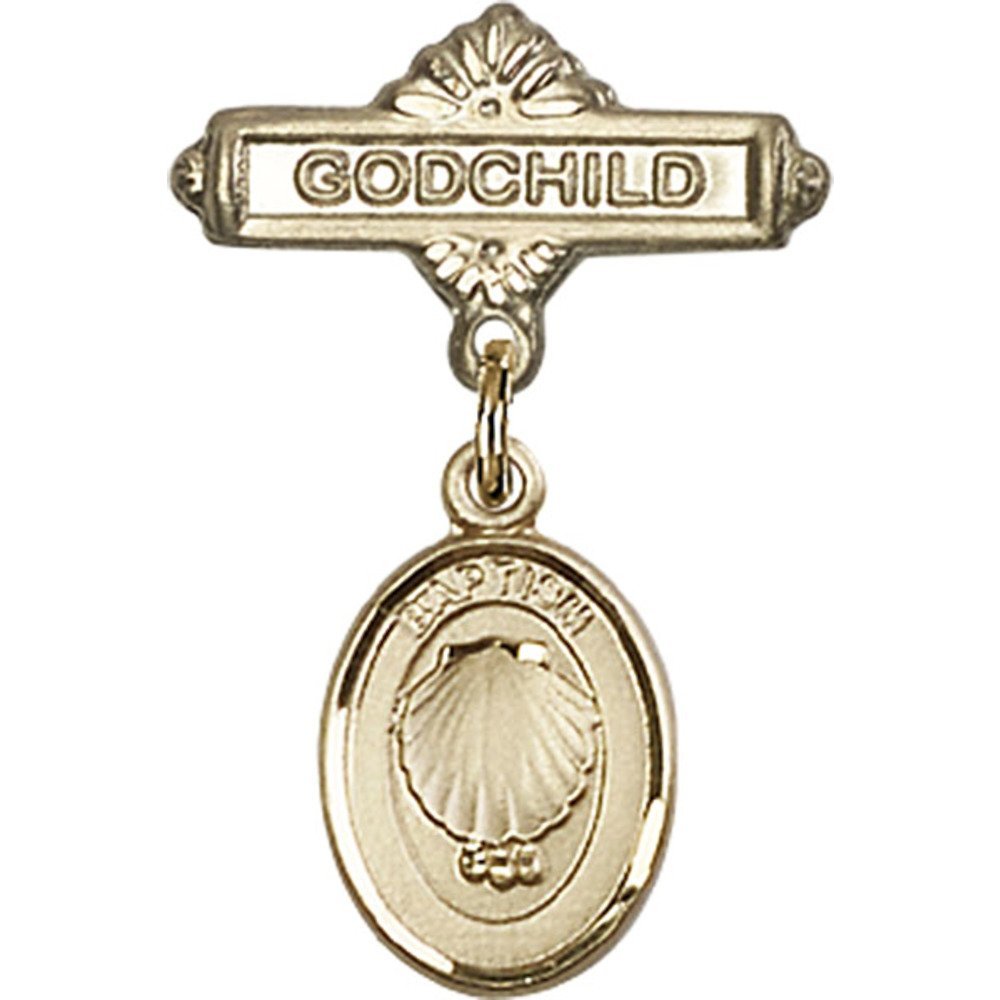 Gold Filled Baby Badge with Baptism Charm - 1 X 5/8 Inch Godchild Pin for Christening, Baptism & Special Occasions - Perfect Gift for Godchildren & Newborns