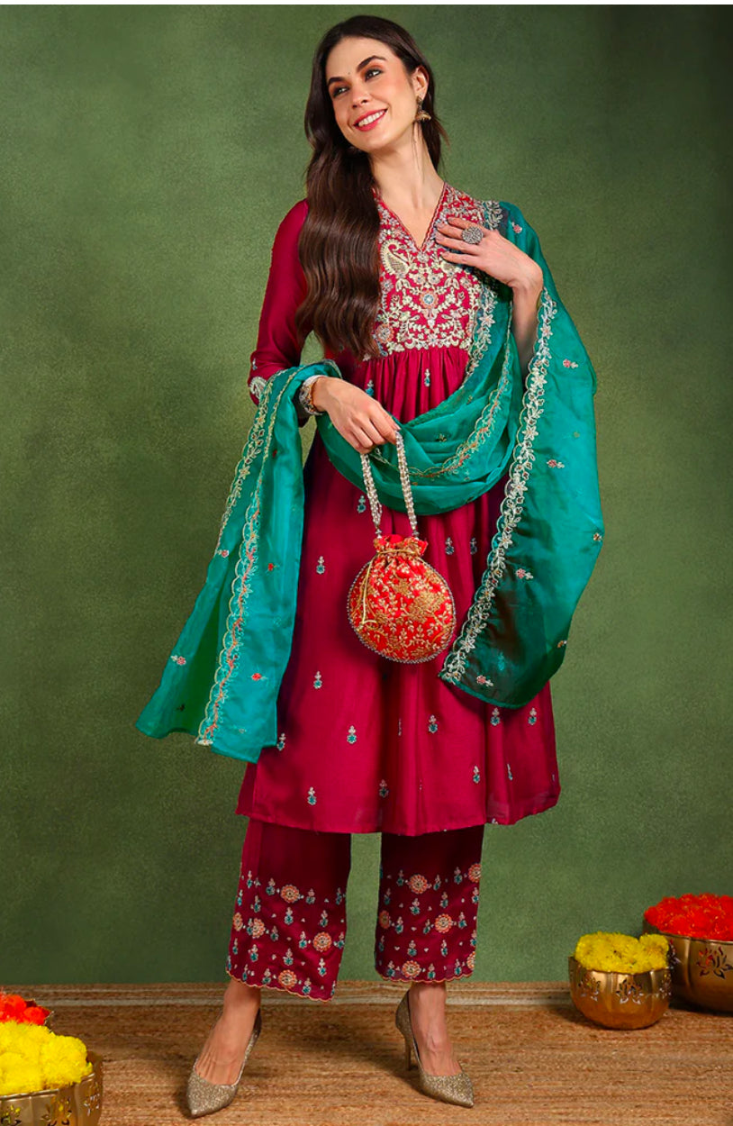 Elegant Red Silk Blend Flared Kurta Set for Women - Stylish Indian Ethnic Outfit for Festivals, Weddings & Parties