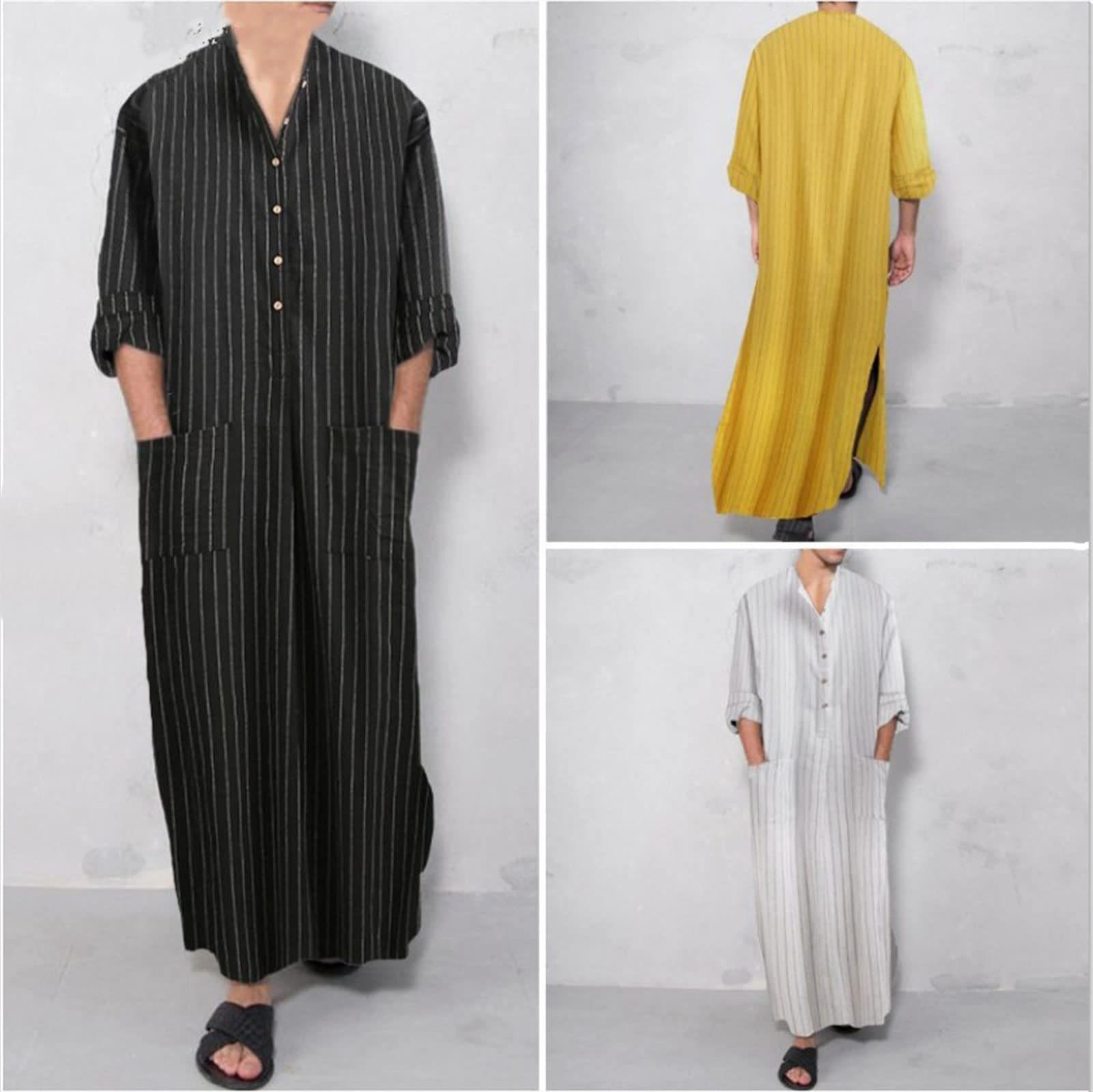 Vintage Striped Men's Muslim Kaftan Robe - Long Sleeve O-Neck Button Up Jubba Thobe with Pockets - Arabic Ethnic Clothing for Dubai, Prayer & Special Occasions