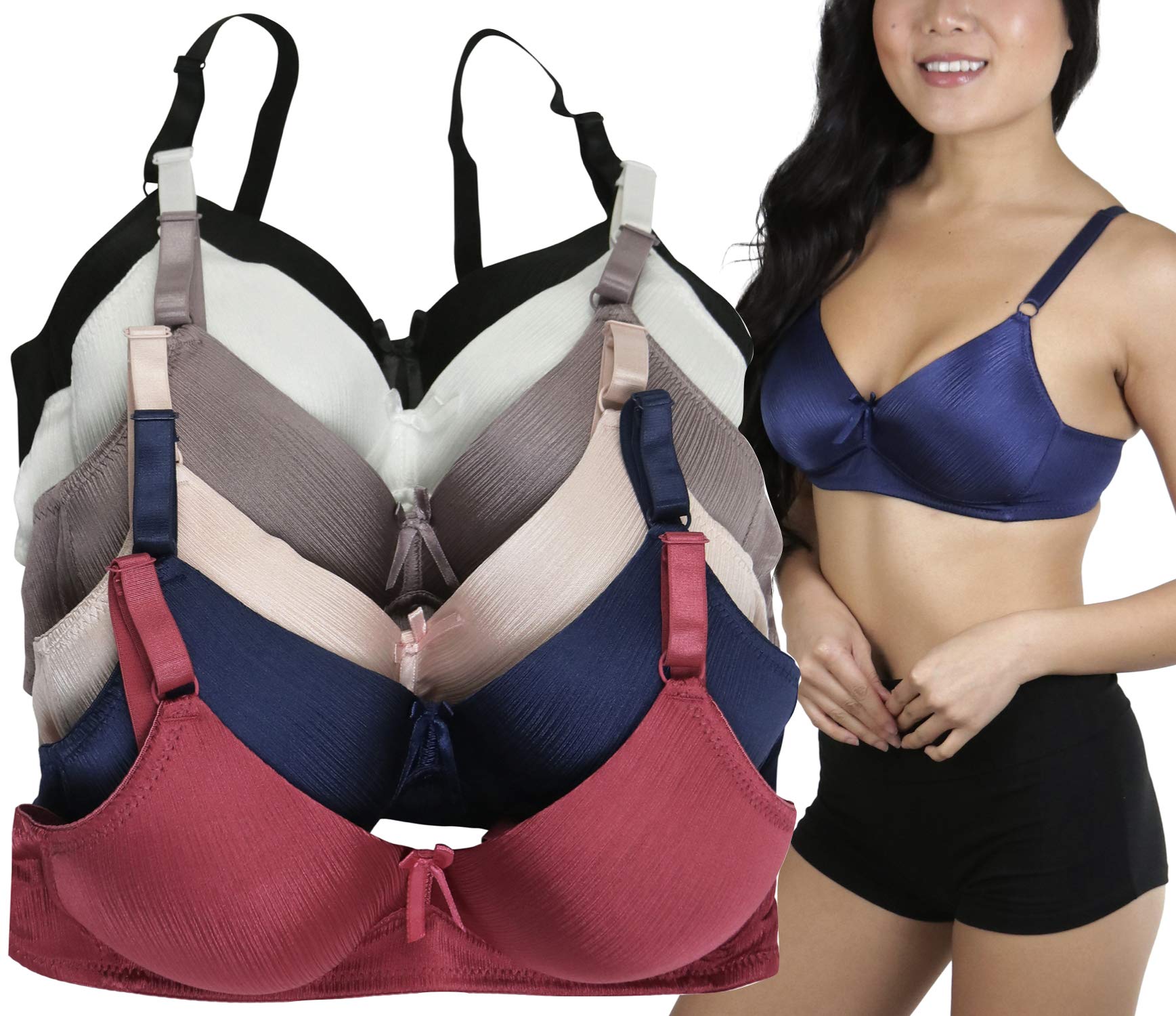 ToBeInStyle Women's 6-Pack Comfortable Underwire Padded Bras - Supportive & Lift for Everyday Wear, Workout, and Lounge
