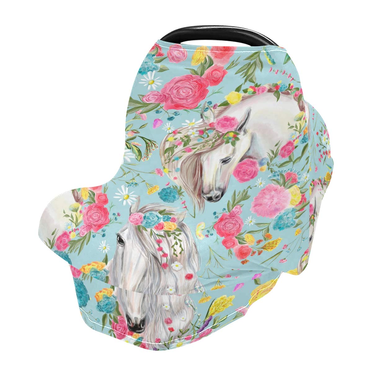 Horse and Flower Baby Car Seat Cover - Soft, Breathable, Stretchy Nursing Cover & Breastfeeding Scarf for Boys & Girls - Perfect for Strollers, Shopping, and Outdoor Activities