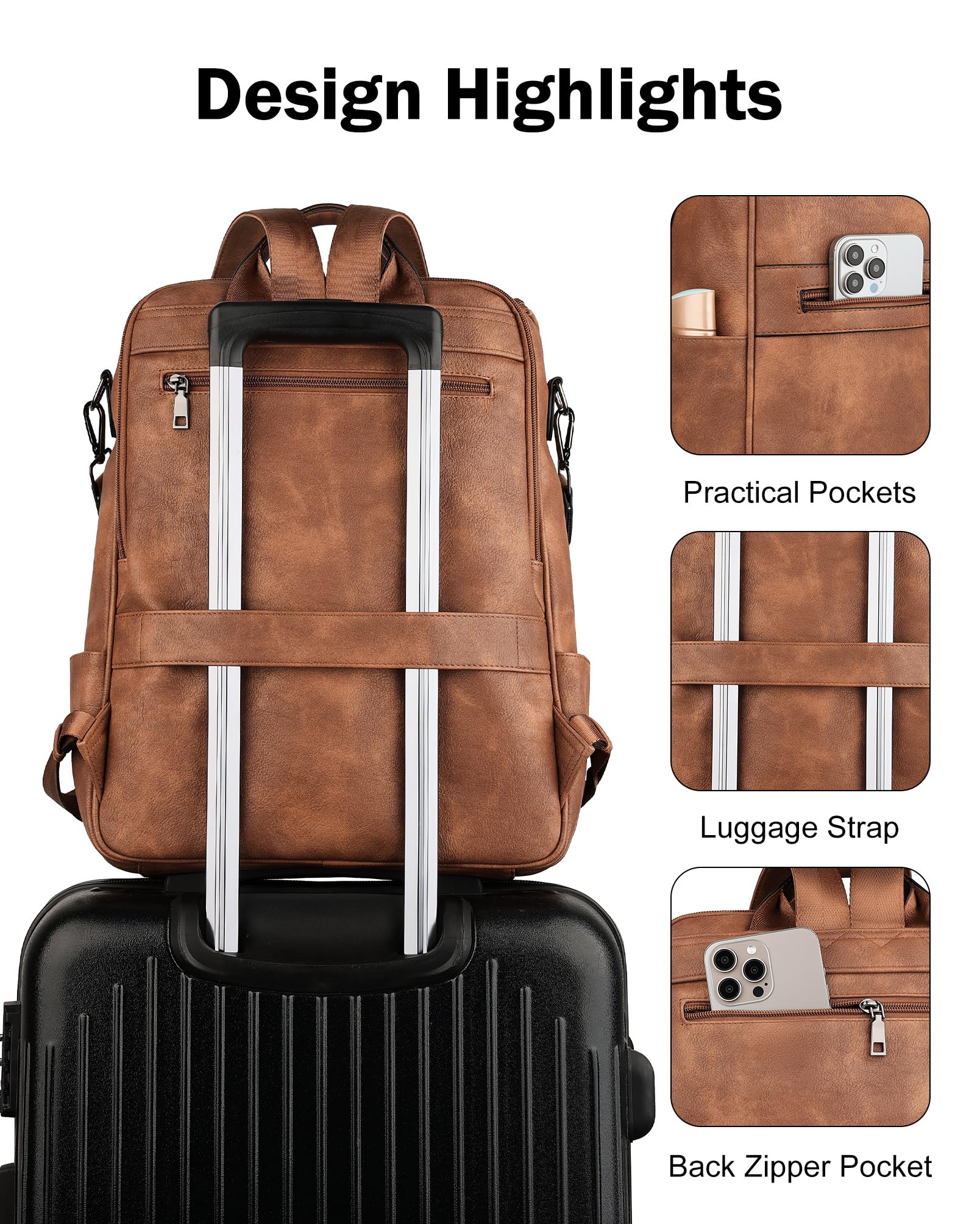 FADEON Women's Leather Laptop Backpack - Stylish Brown Designer Travel Backpack with Laptop Compartment, Perfect for Work, School & Travel