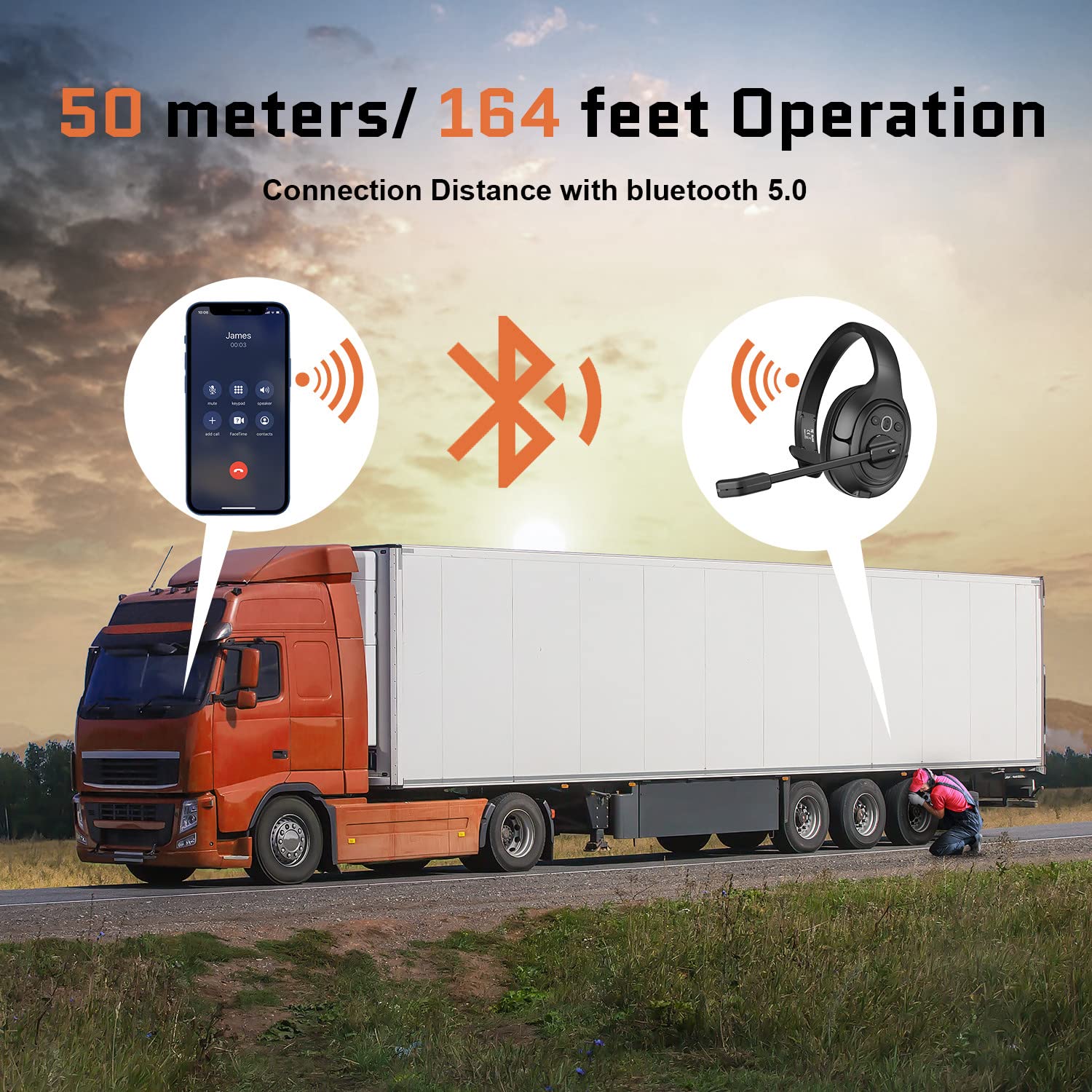 EKSA AI-Powered ENC Noise Cancelling Bluetooth Headset with Microphone - Wireless Trucker Headphones, 99ft Range, 30H Talk Time, Mute Button, All-Day Comfort for Driving, Gaming & Remote Work
