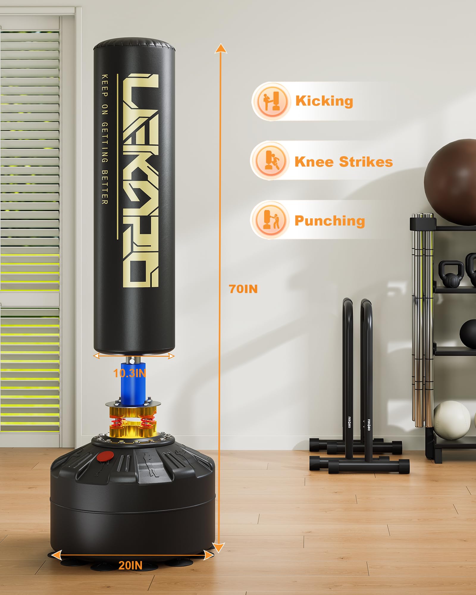 LEKÄRO Freestanding Punching Bag with Boxing Gloves - Heavy Duty Standing Punch Bag with Stand for Adults & Kids - Perfect for Home Gym, Kickboxing Training, and Fitness Workouts