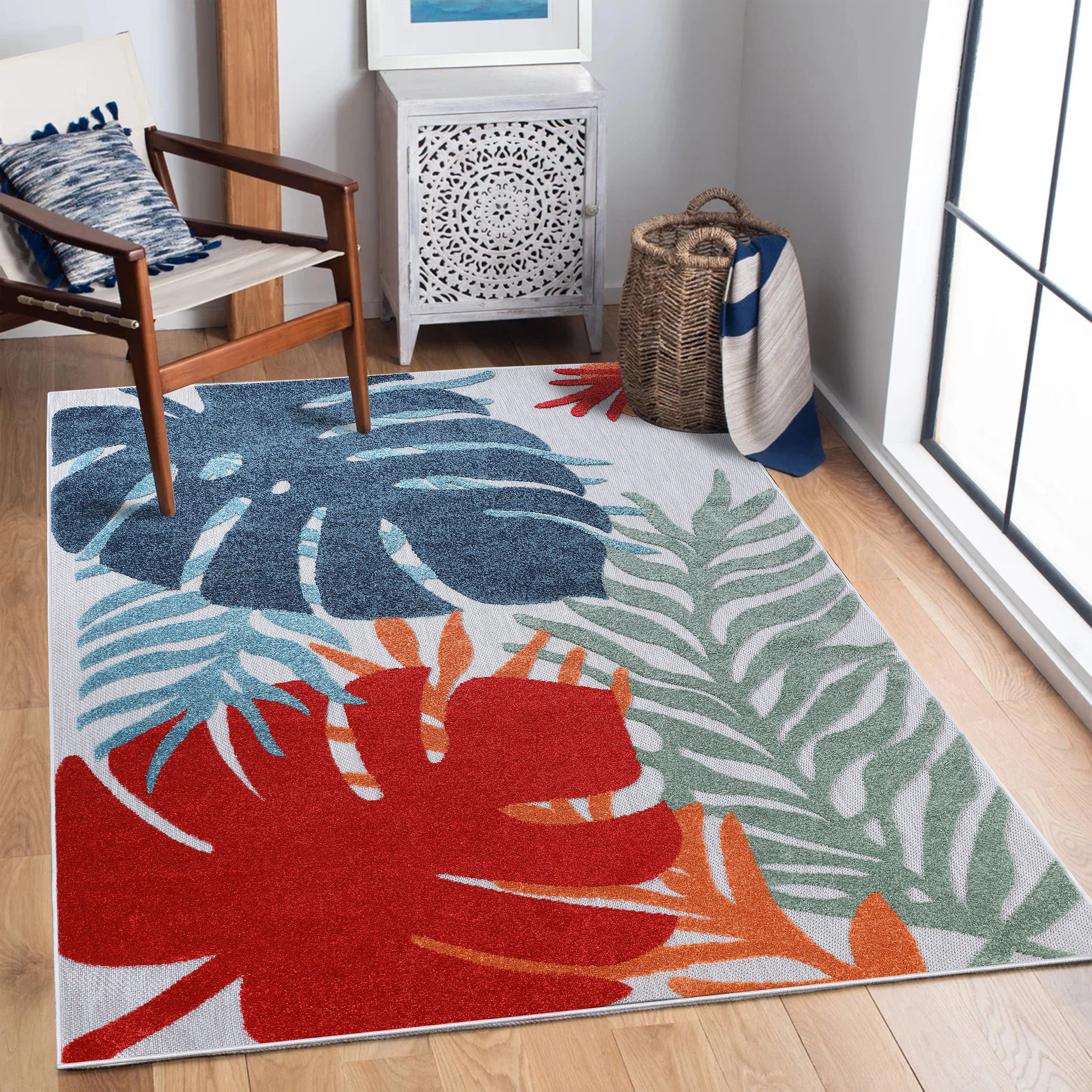 Waikiki Oversized Tropical Leaves Coastal Indoor Outdoor Area Rug - Perfect for Beach House, Boho Living Room, and Patio Decor