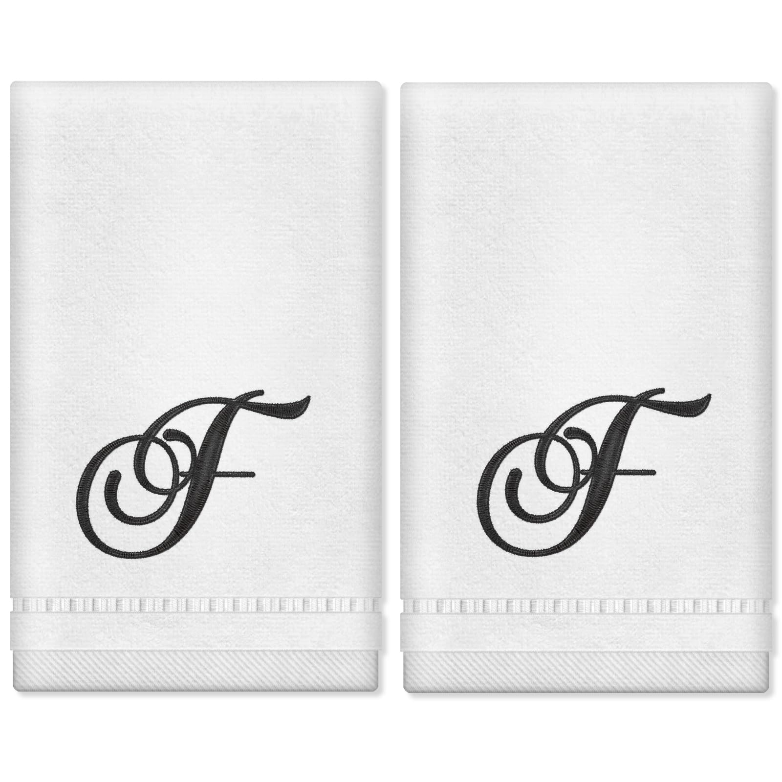 KLL Monogrammed Hand Towels Set - 100% Cotton Embroidered Bathroom Towels (11x18 Inches) - Personalized Letter Towels for Guest Bath, Powder Room & Spa - White, Initial F, Set of 2