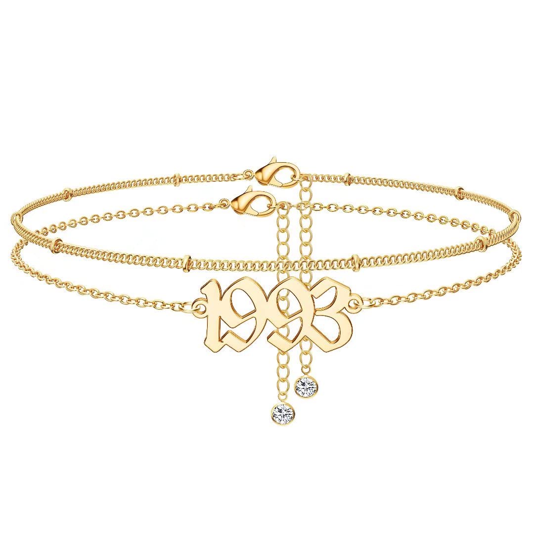 14K Gold Plated Birth Year Anklet - Women's Dainty Ankle Bracelet for Beach & Birthday Gifts
