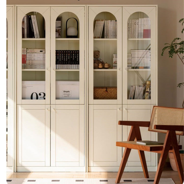 French Cream Style Poplar Solid Wood Bookcase with Glass Door - Whole Wall Combination for Living Room, Office & Library Storage