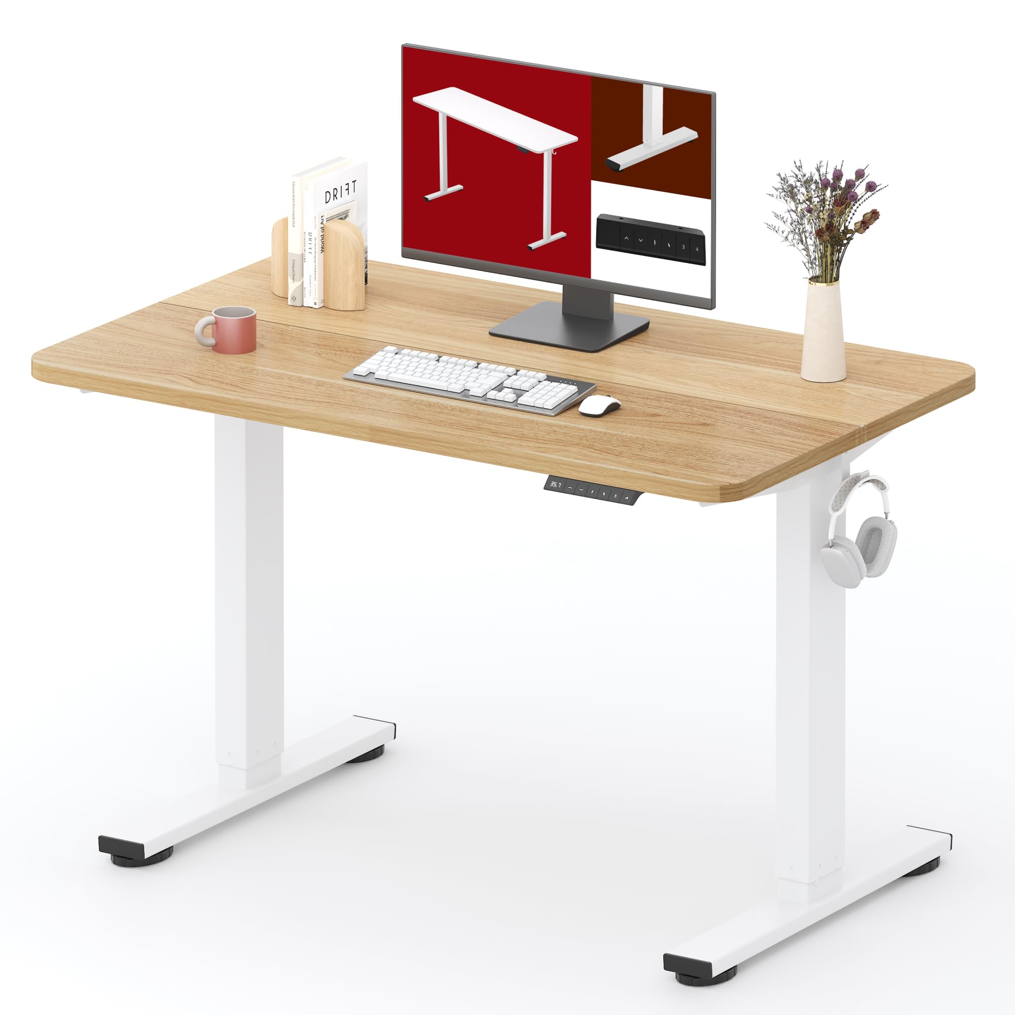 SANODESK Electric Standing Desk 40x24 Inches - Height Adjustable Sit Stand Desk for Home Office with Splice Board, White Frame & Maple Top - Ergonomic Workspace Solution for Productivity & Comfort