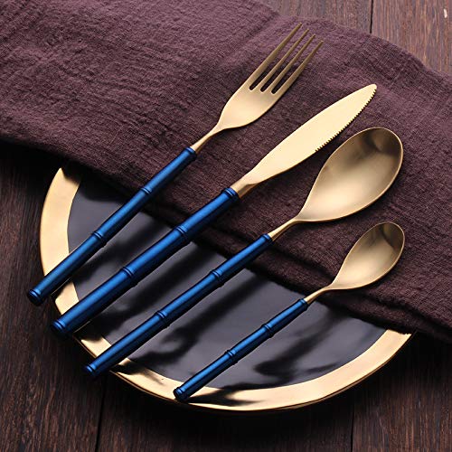 Premium 24-Piece Gold Matte Vintage Flatware Set - 18/10 Stainless Steel Dinner Knife, Fork & Spoon with Bamboo Handle - Luxury Cutlery Set for 6 - Elegant Bluegold Finish - Perfect for Dinner Parties, Weddings & Upscale Dining