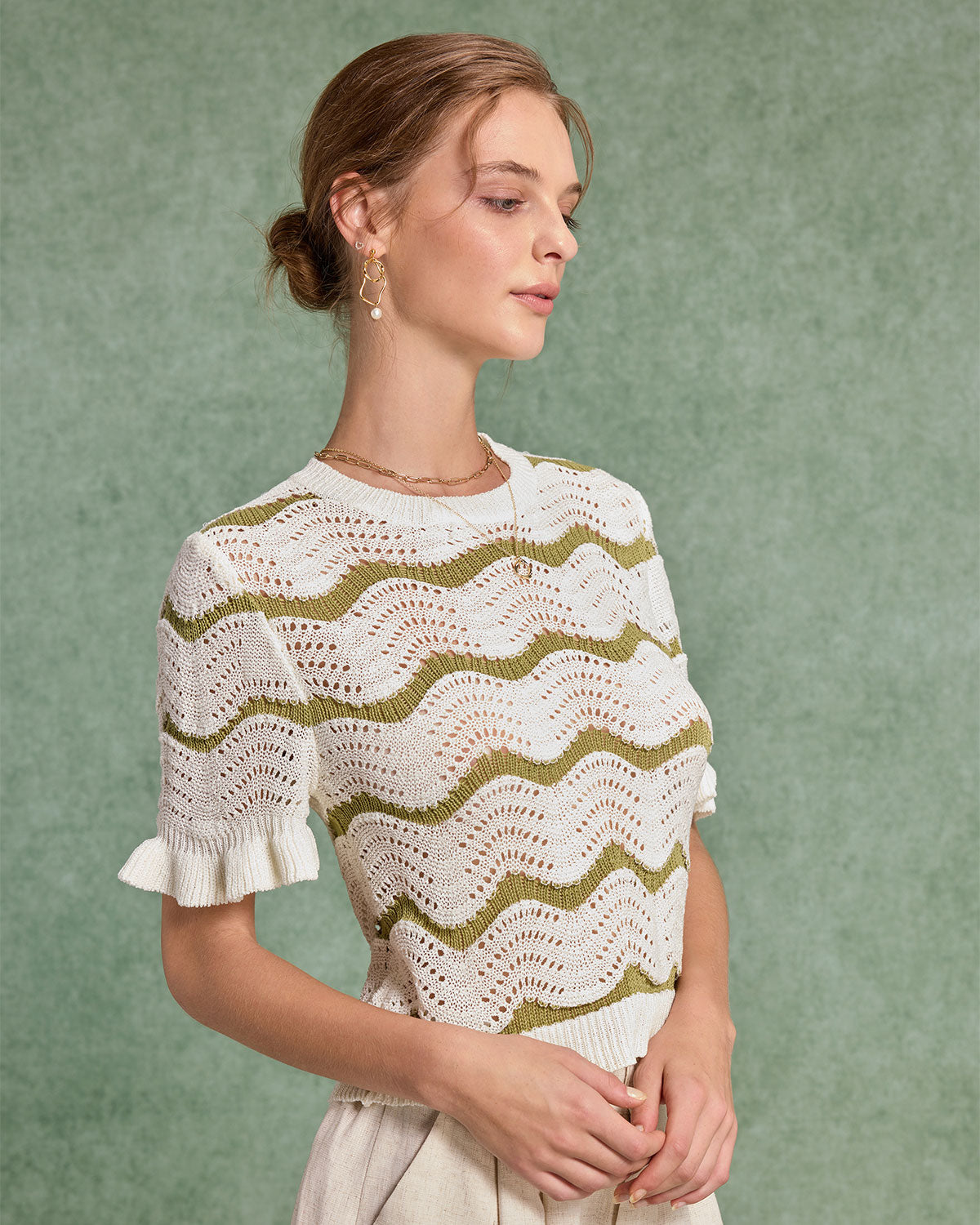 White Striped Round Neck Crochet Sweater Women's Casual Knit Top | Boho Chic Lace Pullover for Spring & Fall | Perfect for Coffee Dates, Weekend Outfits and Beach Cover-ups