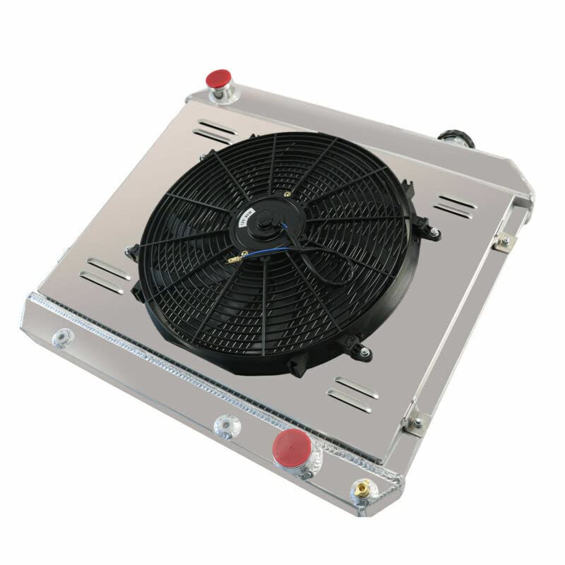 4 Row Aluminum Radiator with Shroud Fan & Relay Kit - Compatible with 1963-1966 Chevy C10 C20 C30 K10 K20 Pickup, Suburban Truck, Pontiac Catalina Bonneville Grand - Full Aluminum Cooling System Upgrade for Hot Weather & Heavy Duty Towing