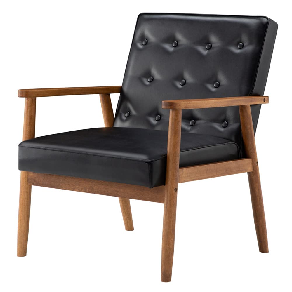 Mid-Century Modern Lounge Chair - Retro PU Leather Loveseat Sofa with Armrests & Rubber Wood Legs - Upholstered Accent Chair for Living Room, Bedroom, Office - Light Black (29.53