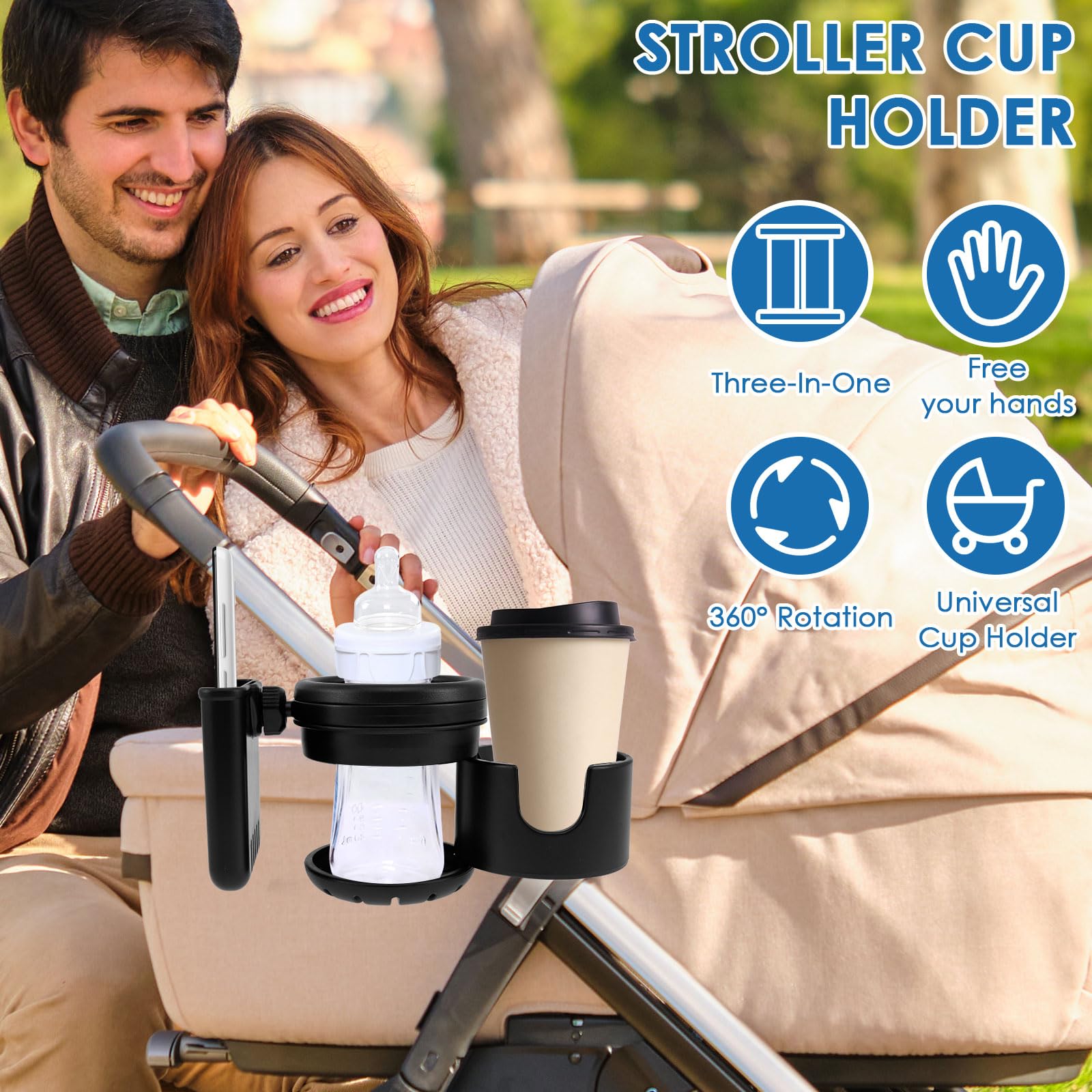 Universal Baby Stroller Cup Holder with Phone Pocket - Retractable, Non-Slip Stroller & Bike Drink Holder - Black Stroller Organizer Accessories for Parents On-The-Go (Perfect for Walks, Jogging & Shopping Trips)