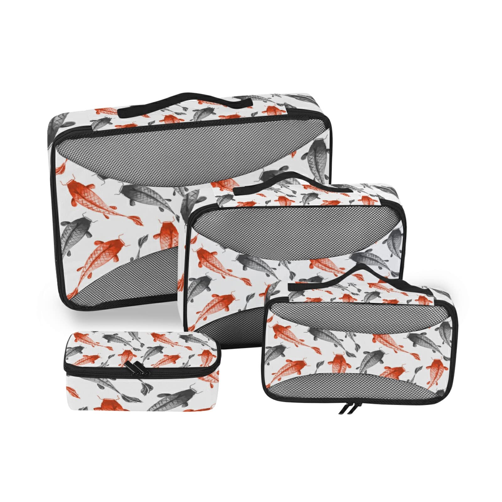 Watercolor Fish Travel Packing Cubes Set - 4 Pack Organizer Bags for Luggage, Toiletries & Laundry (Various Sizes) - Perfect for Women, Kids & Family Vacations - Great for Airplane Carry-Ons, Weekend Getaways & Business Trips