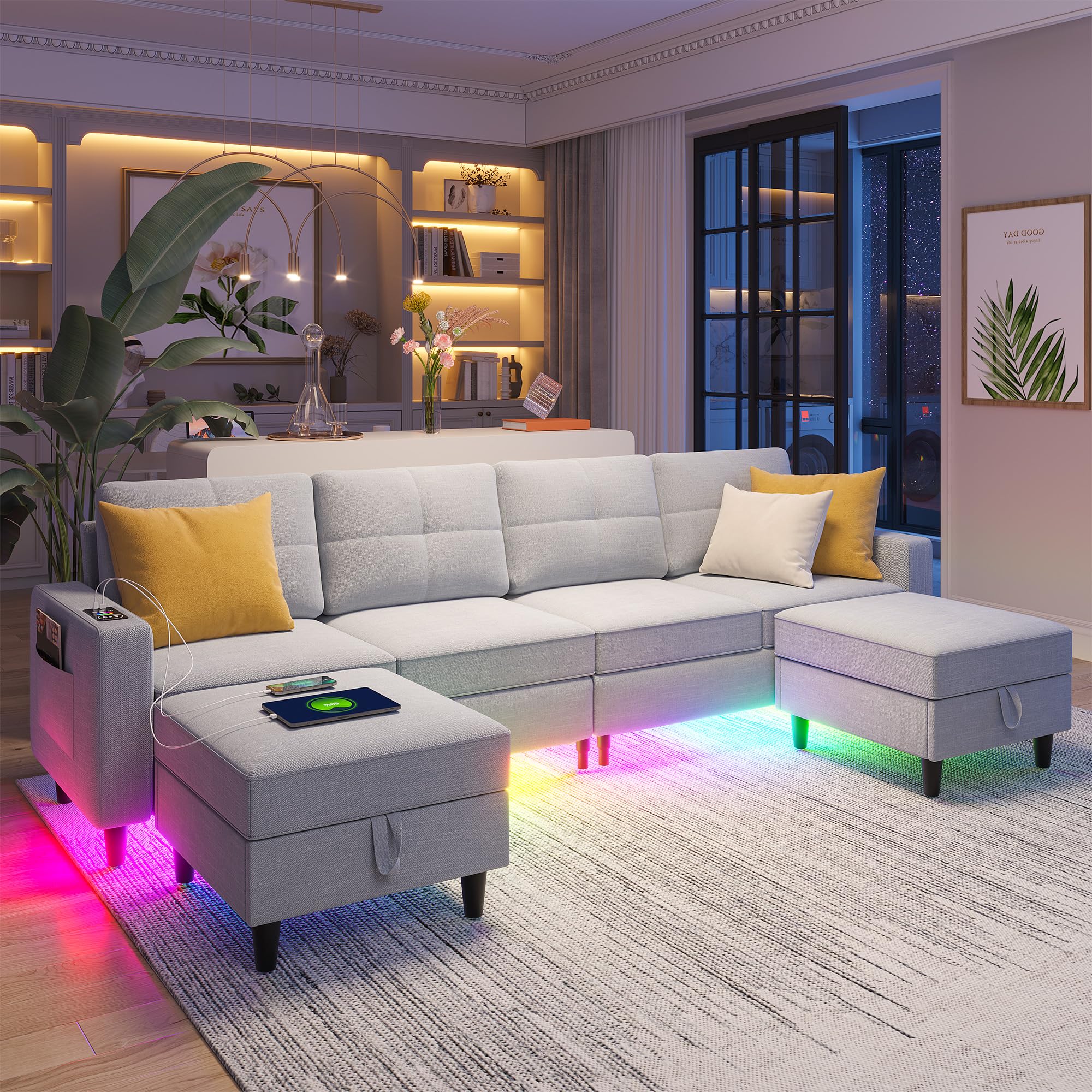 Modular Sectional Sofa Set with Storage Ottomans & RGB Lighting - U-Shaped Oversized LED Couches for Living Room with Auto Sensor Lights & USB Charging Station (Light Grey) - Perfect for Home Theater, Gaming Rooms & Modern Apartments