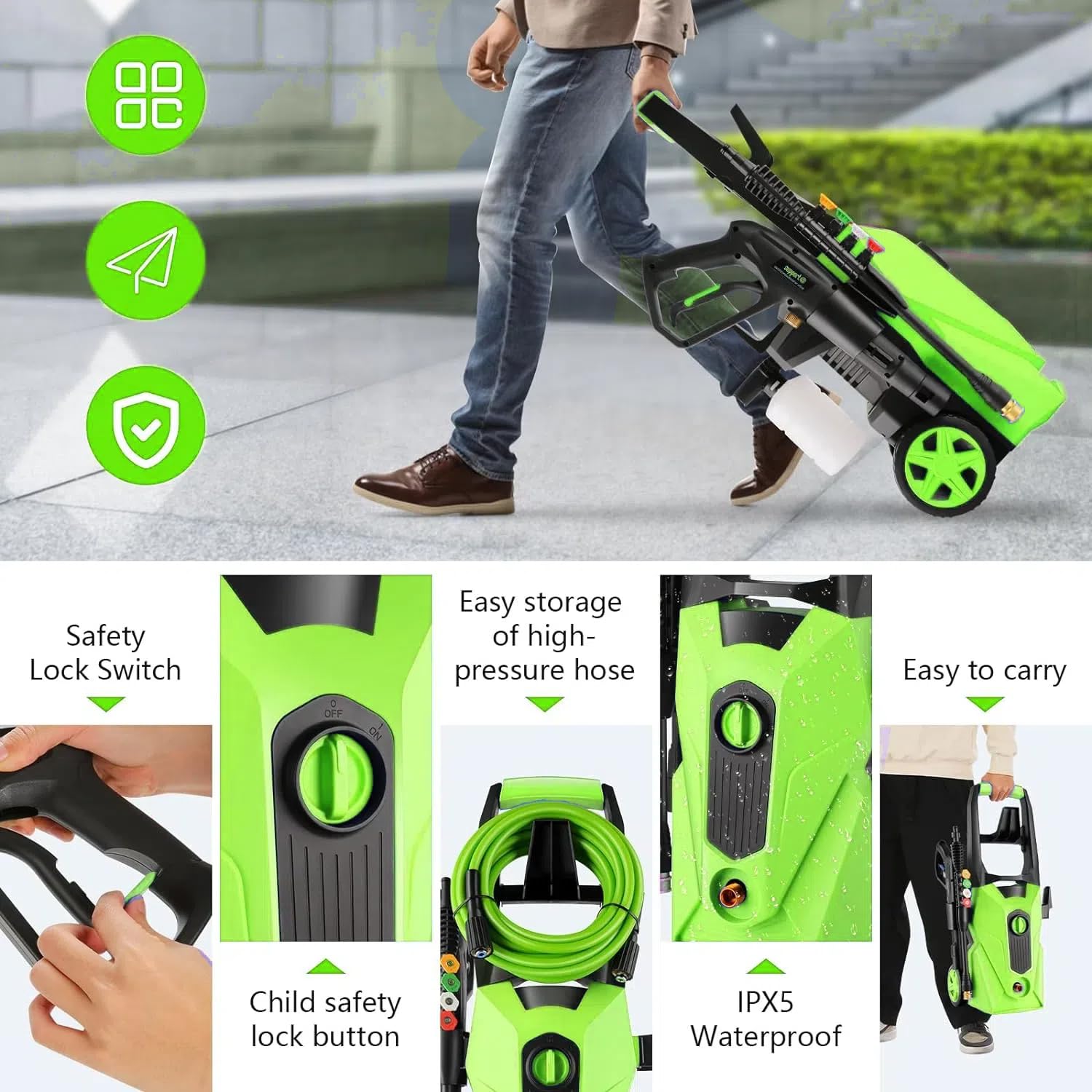 3800PSI 2.8GPM Electric Pressure Washer - High Power Cleaner Machine with 4 Nozzles & Soap Bottle for Car Washing, Fence Cleaning, Patio, Driveway, Home & Outdoor Cleaning (Green, Model JX09_G1)