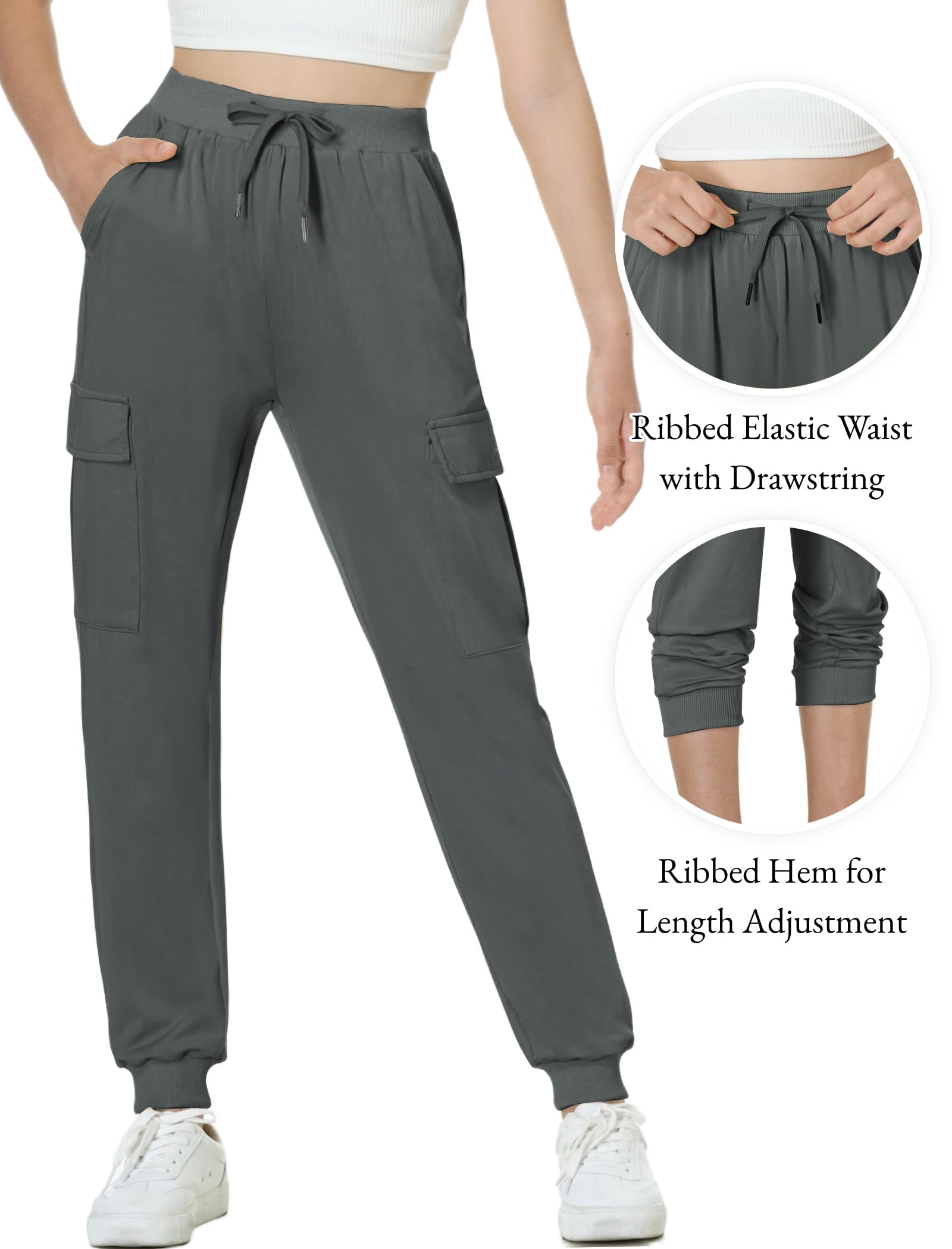 EXARUS Girls Cargo Jogger Pants - Slim Fit with Zip Pockets, Quick Dry Lightweight Fabric, Adjustable Drawstring & High Waist (8-14 Years) - Perfect for School, Sports & Outdoor Activities