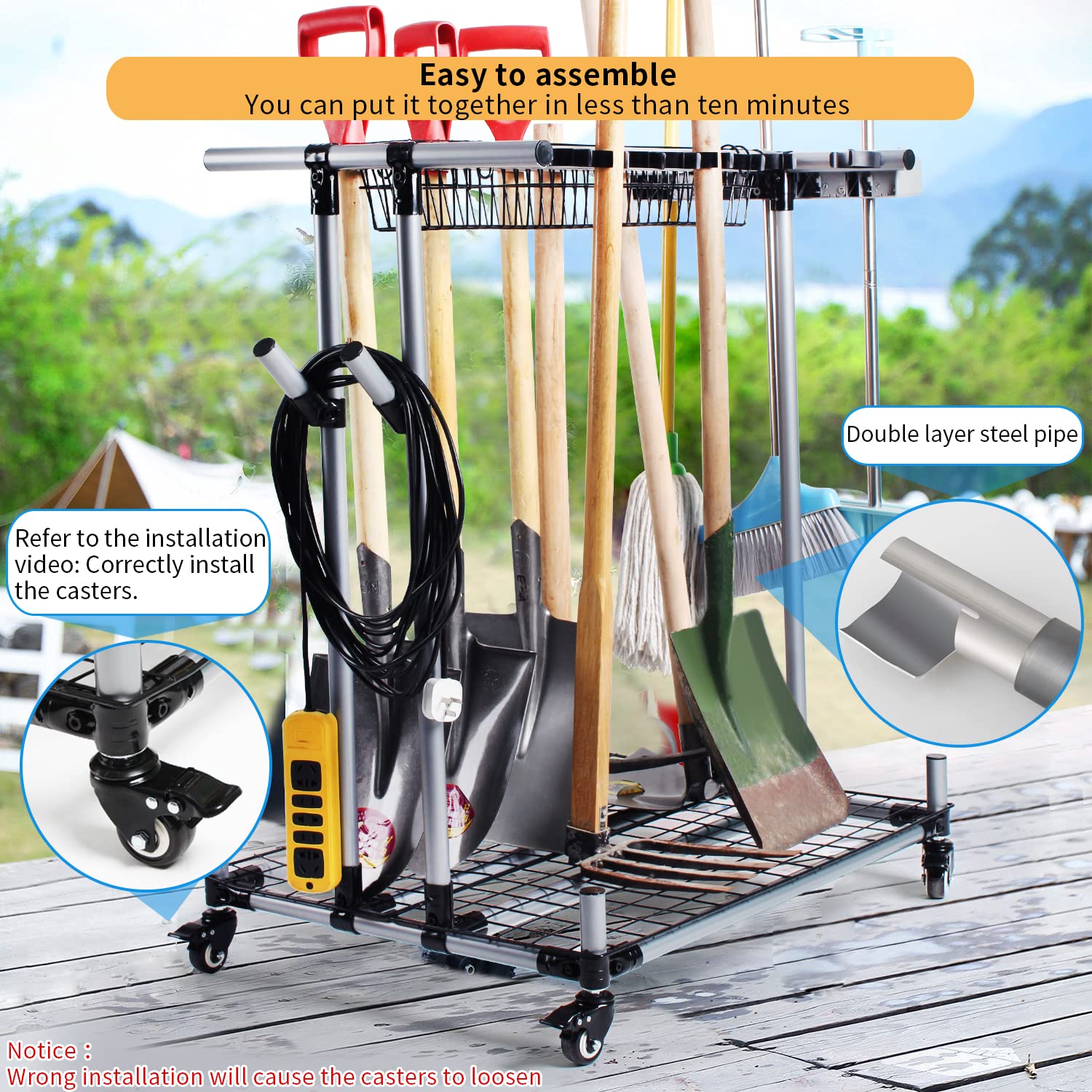 Heavy Duty Metal Garage Storage Holder - Large Long Lawn Tool Organizer Rack for Garden & Yard Tools | Sturdy Mobile Cart for Efficient Tool Storage & Organization | Perfect for Garage, Shed, or Outdoor Workspace