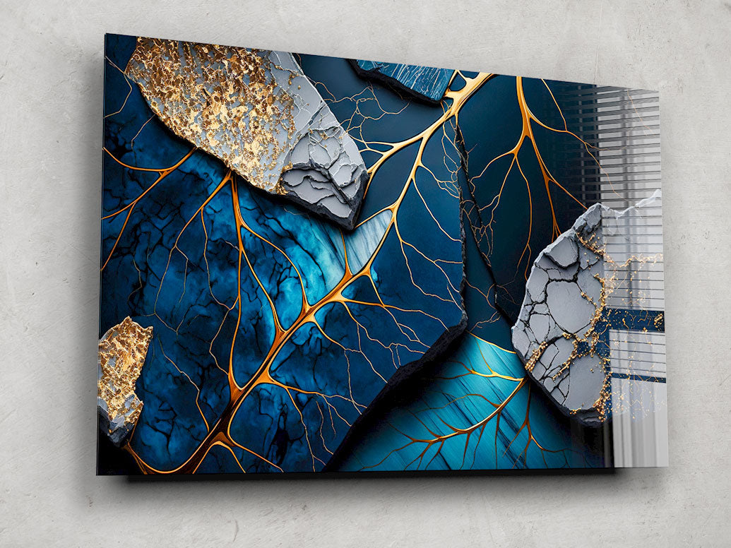 Golden Veined Blue Abstract II Wall Art - Modern Canvas Painting for Living Room, Bedroom & Office Decor