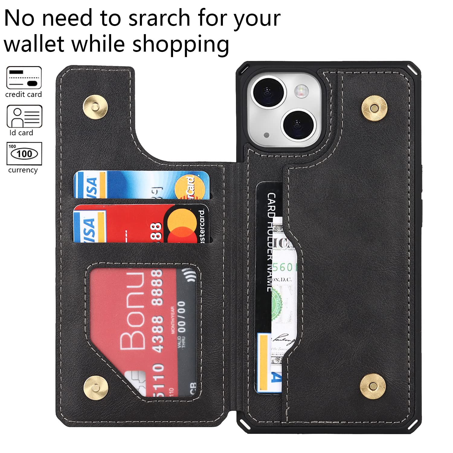 Premium Leather iPhone 13 Wallet Case with Card Holder & Stand - Shockproof Protective Phone Cover for Women & Men | Perfect for Travel, Work & Everyday Use (Black)