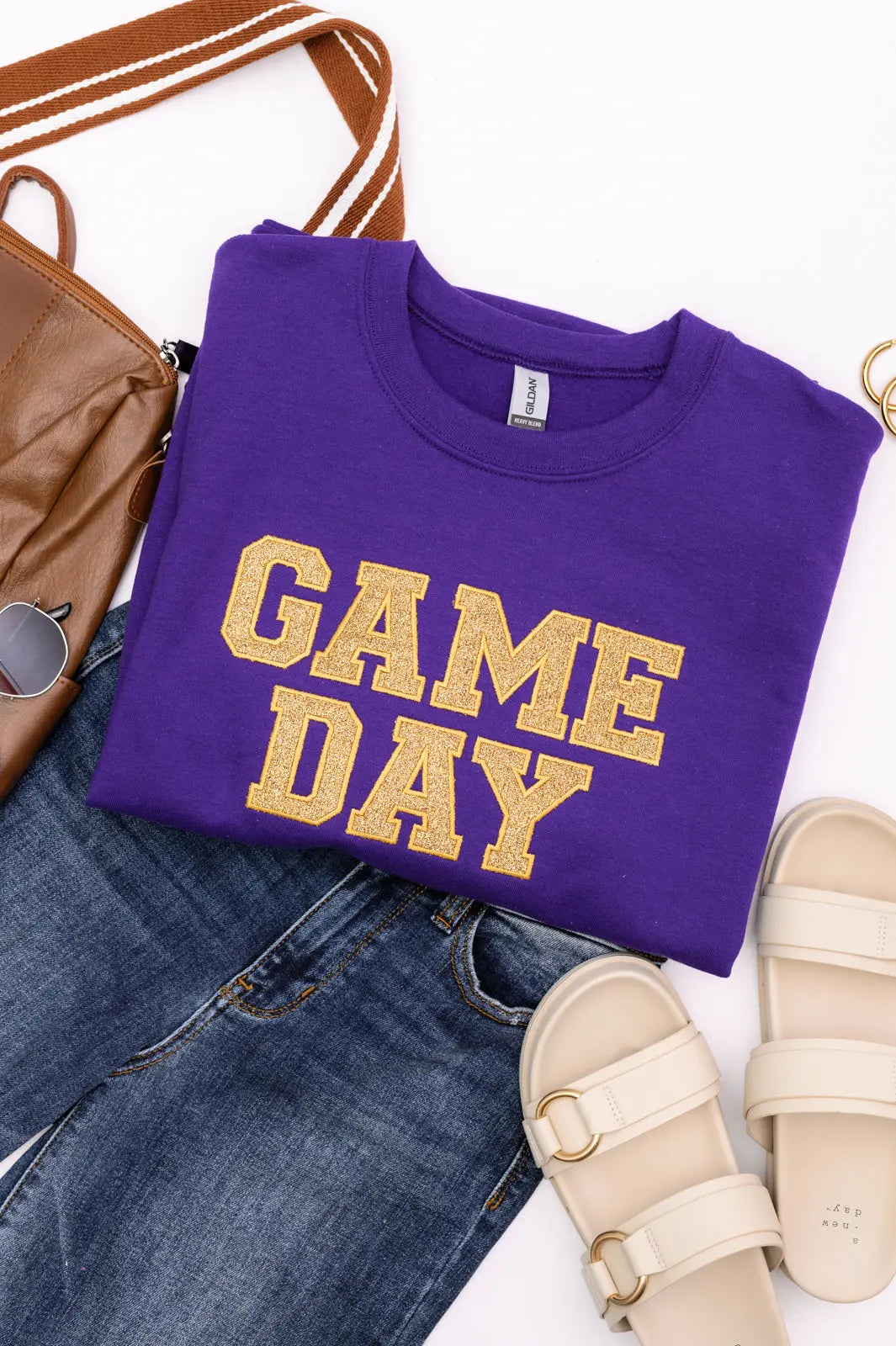 PREORDER: Embroidered Glitter Game Day Sweatshirt - Purple & Old Gold | College Football Tailgating, Sports Fan Apparel, Game Day Outfit