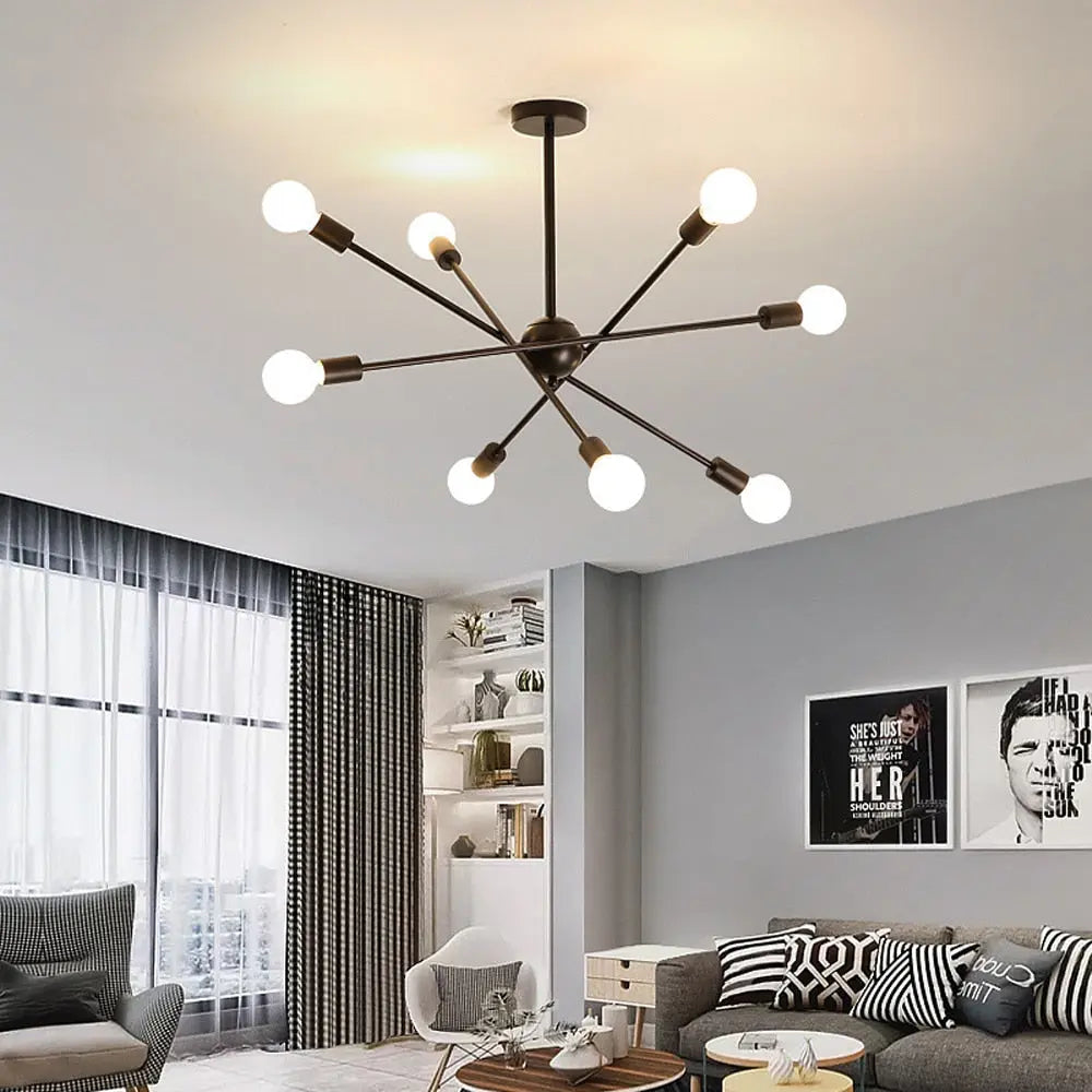 Black and Gold Sputnik Chandelier - 6 or 8 Light Modern Ceiling Fixture for Dining Room, Living Room & Bedroom Lighting