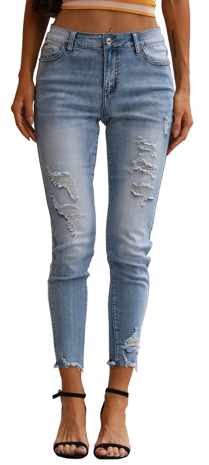 Muhadrs Women's Stretch Skinny Ripped Distressed Jeans - Classic Destroyed Hole Denim Pants for Casual Wear, Street Style & Everyday Outfits
