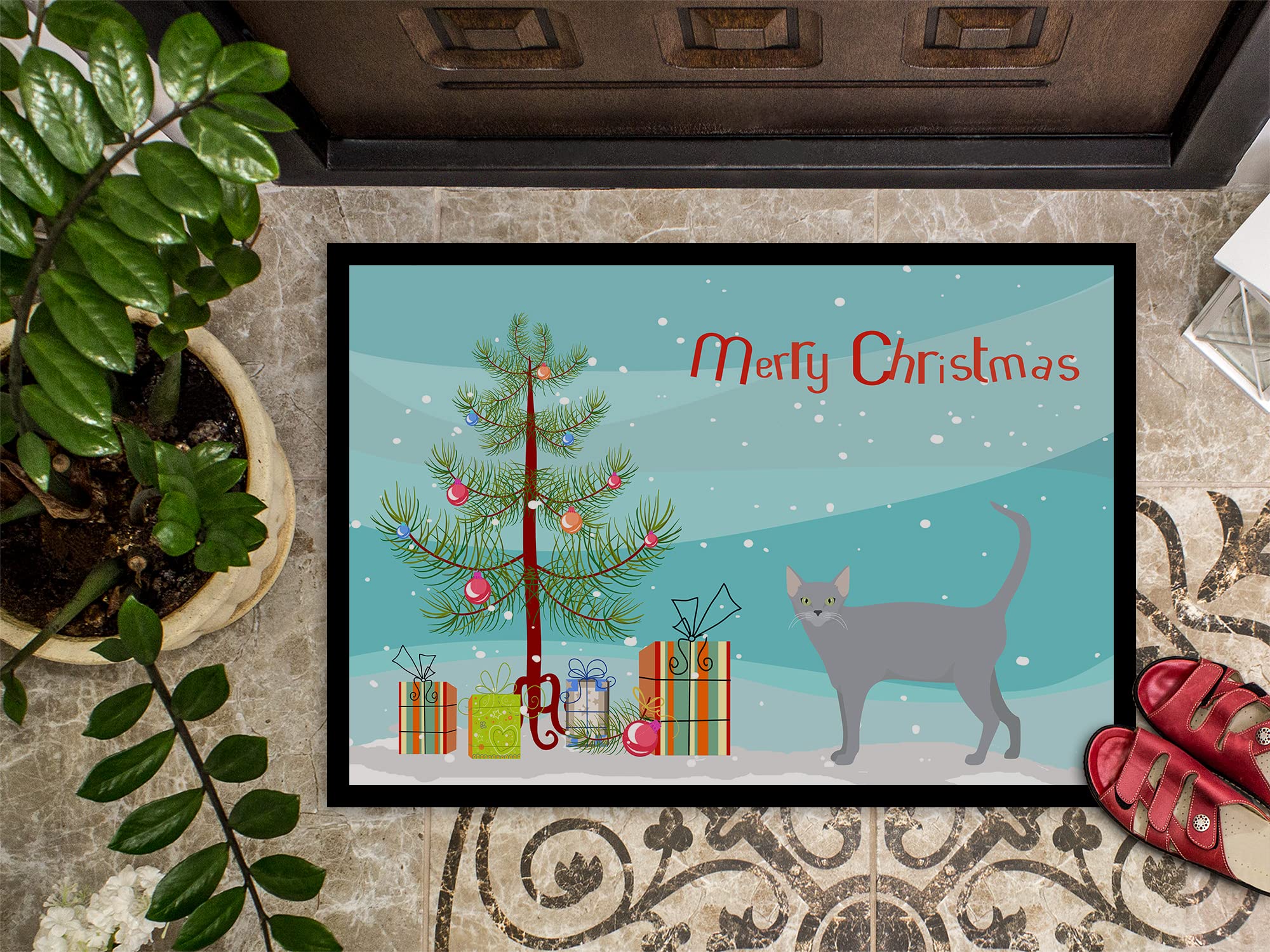Russian Blue Cat Christmas Doormat - Non-Slip Holiday Welcome Mat for Front Door Decor - Perfect for Christmas, Winter, and Pet Lover Home Entryway