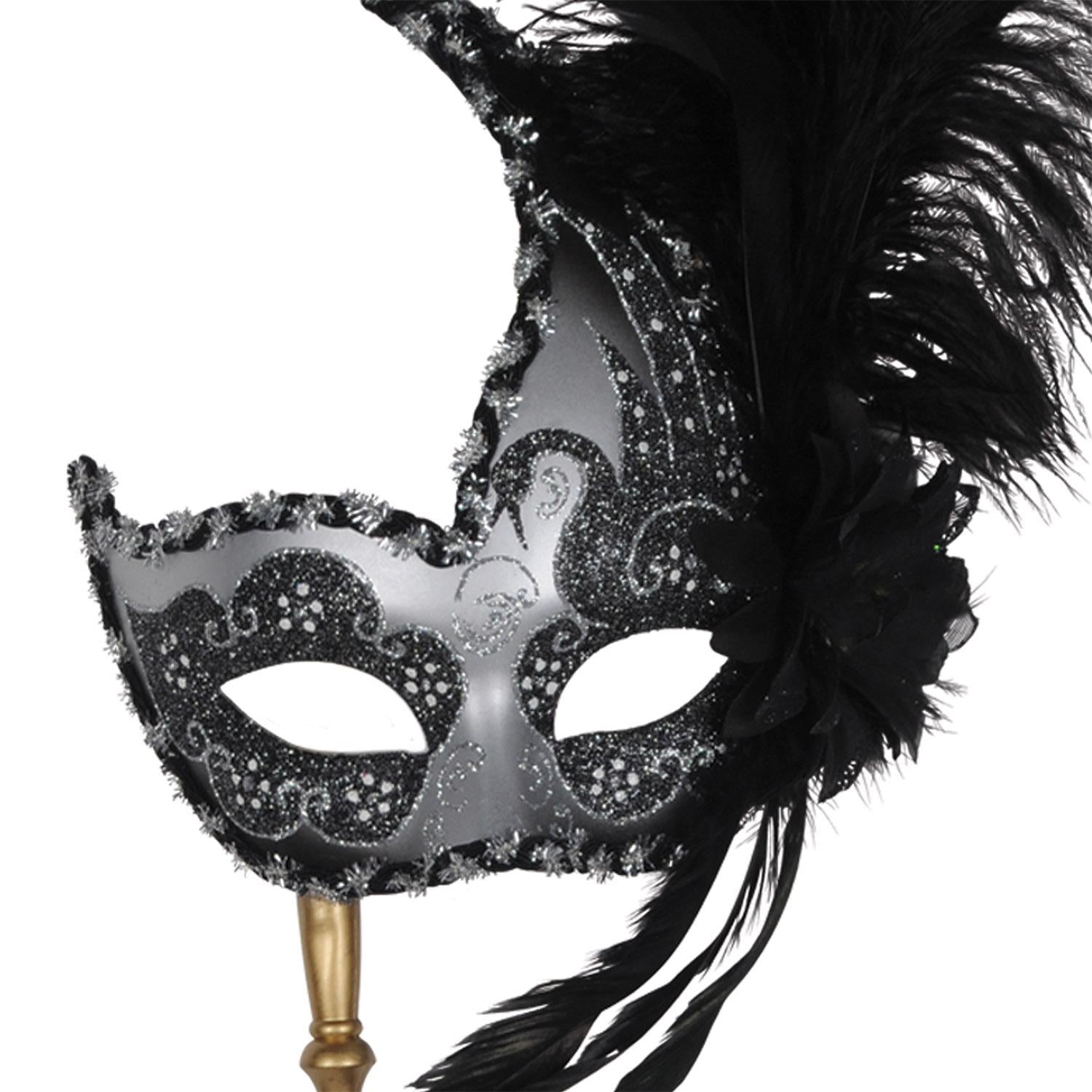 12 Pack Beistle Feathered Mardi Gras Costume Masks with Sticks - Colorful Party Masquerade Accessories for Carnival, Halloween, and Costume Parties
